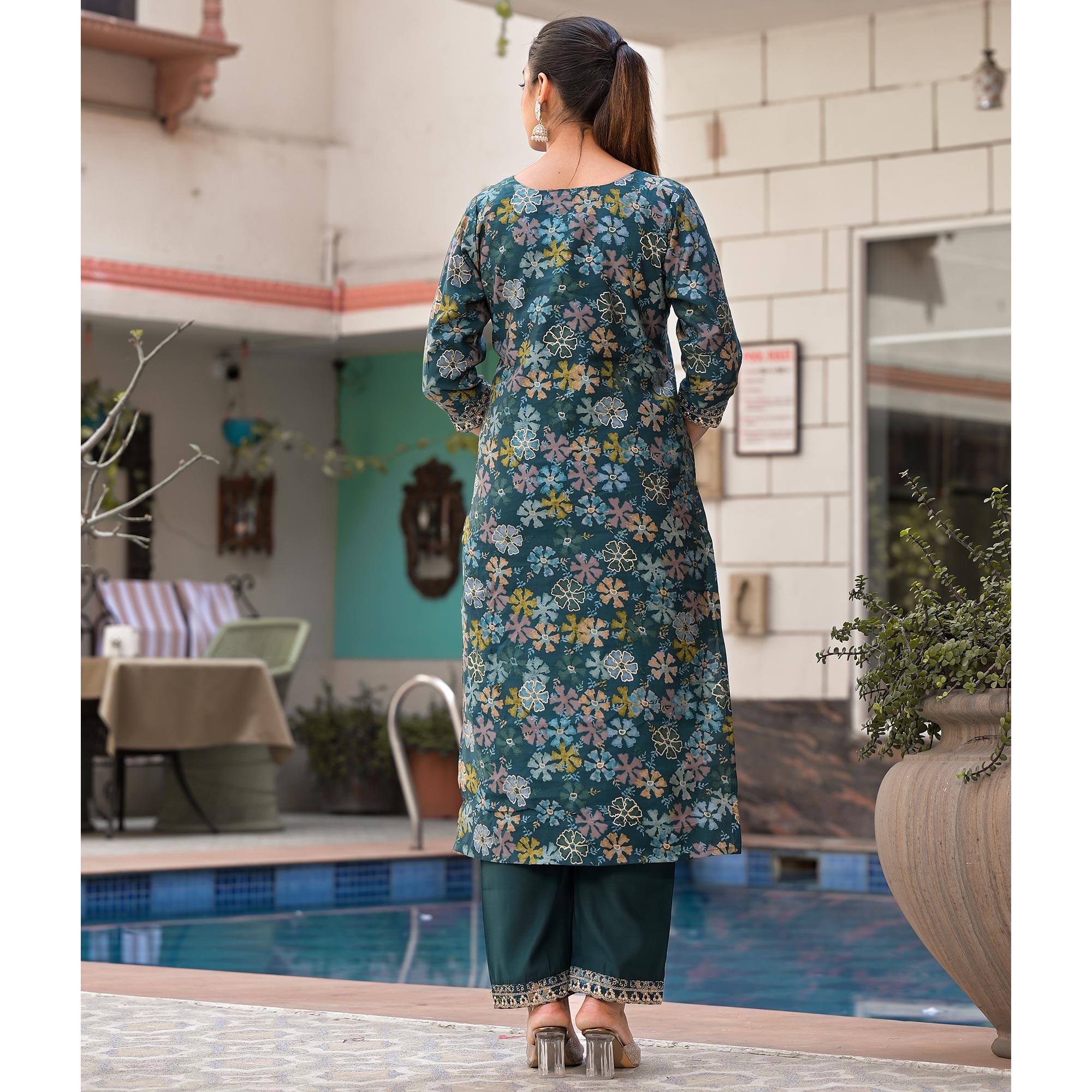 Teal Floral Foil Printed Chanderi Silk Salwar Suit