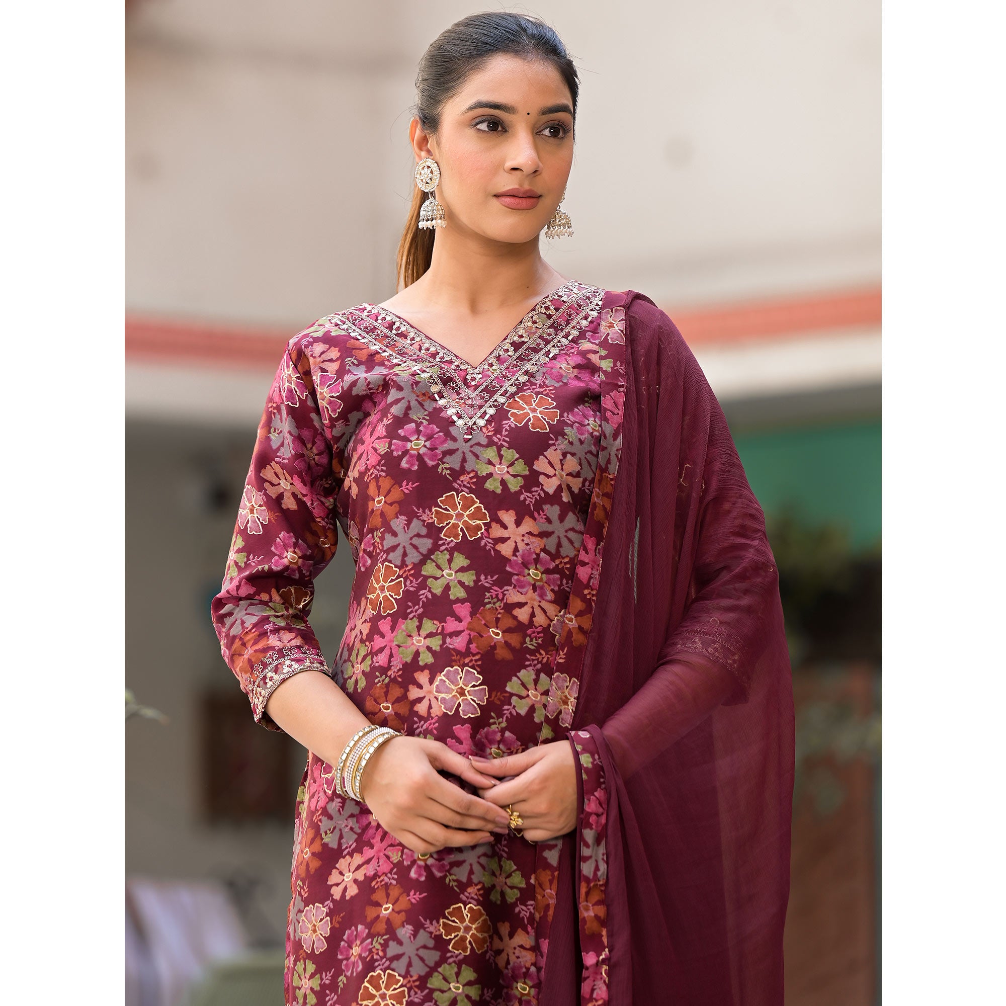 Wine Floral Foil Printed Chanderi Silk Salwar Suit