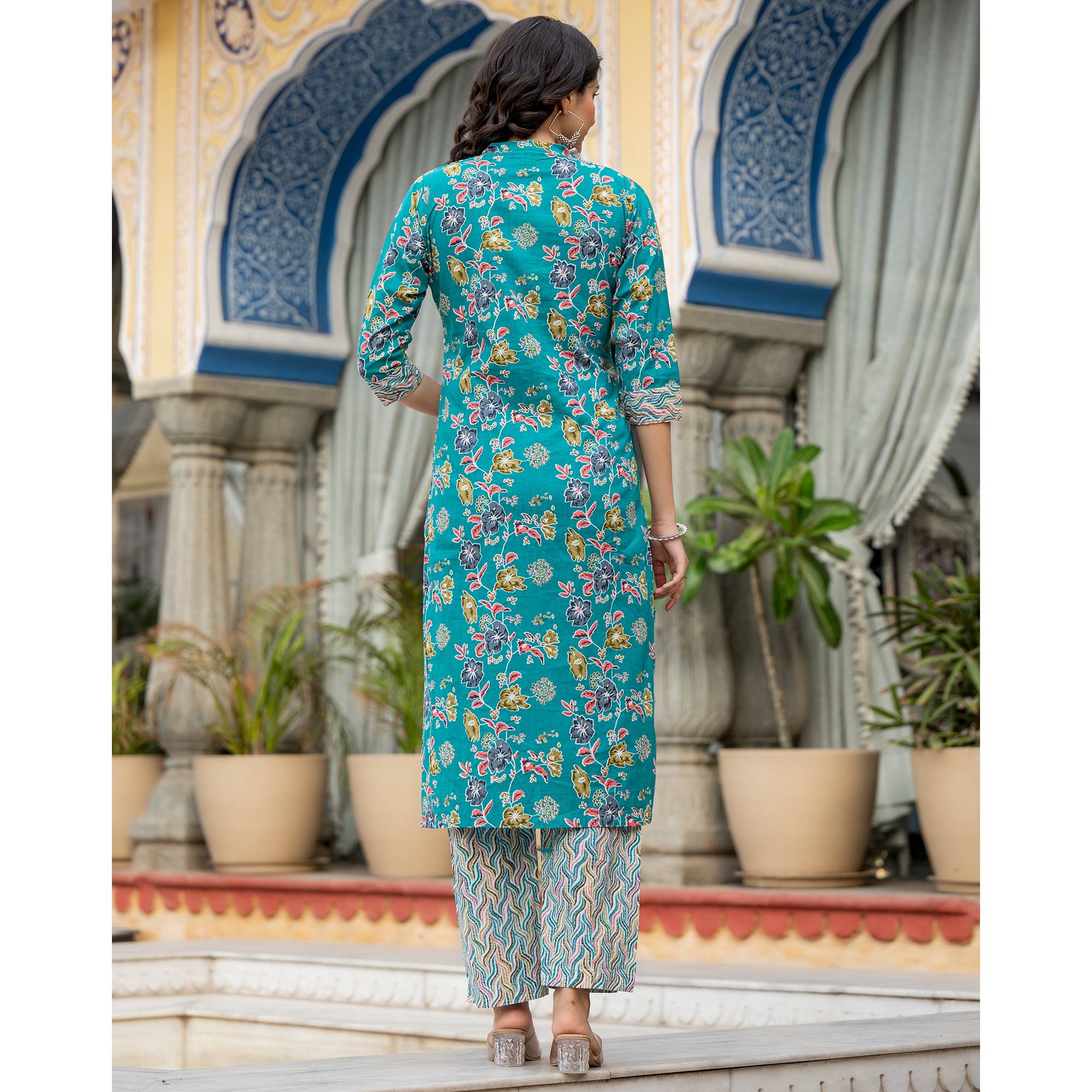 Turquoise Floral Printed Pure Cotton Straight Salwar Suit