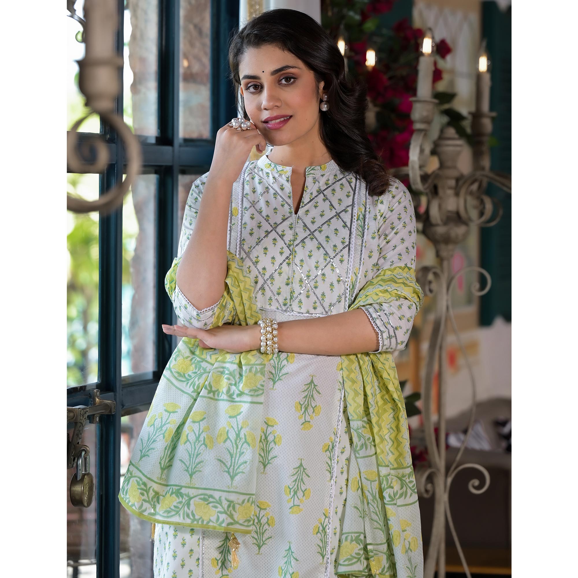 White & Lemon Yellow Floral Printed Pure Cotton Salwar Suit