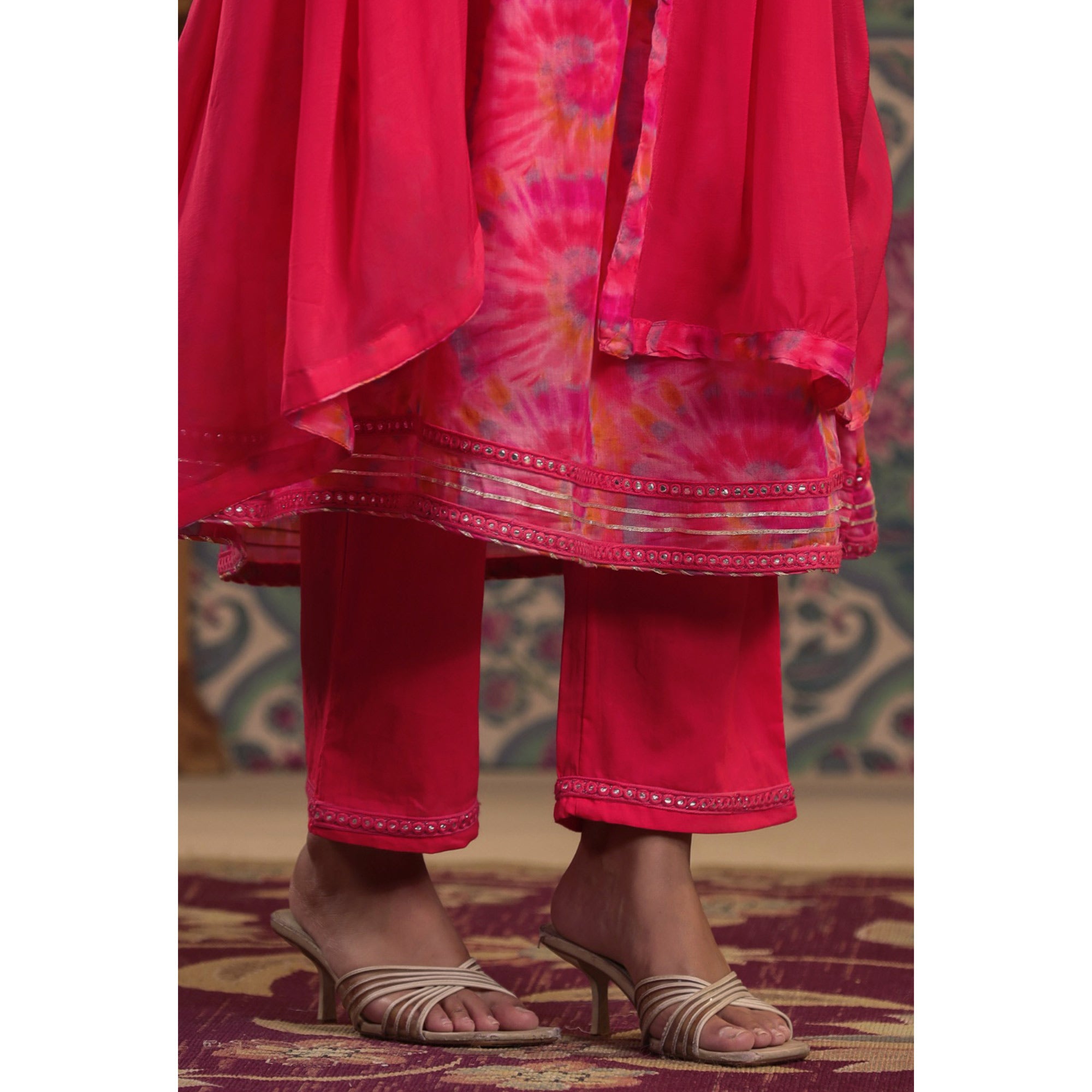 Peach & Pink Printed With Embroidered Chiffon Anarkali Suit