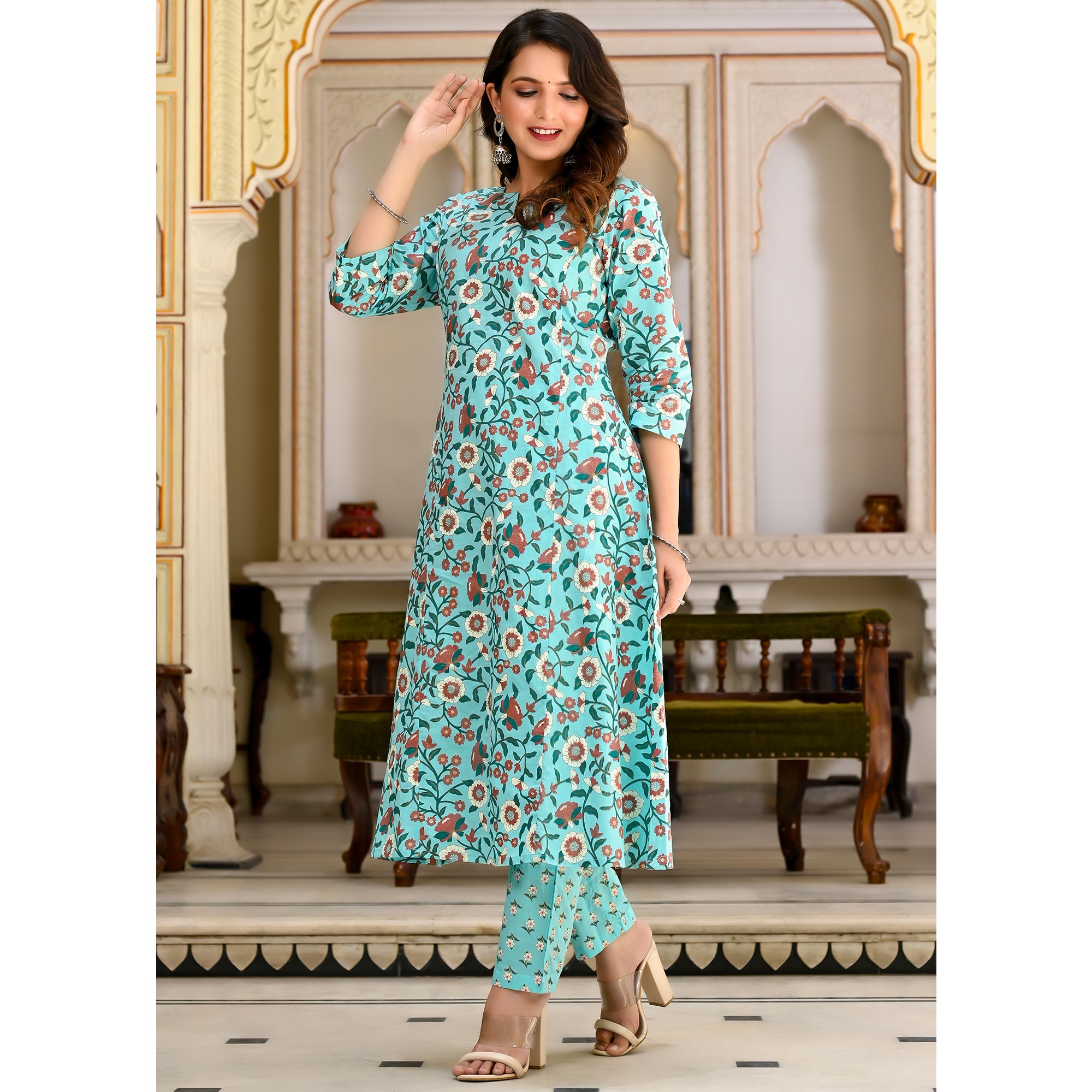 Aqua Blue Floral Printed Pure Cotton A Line Suit