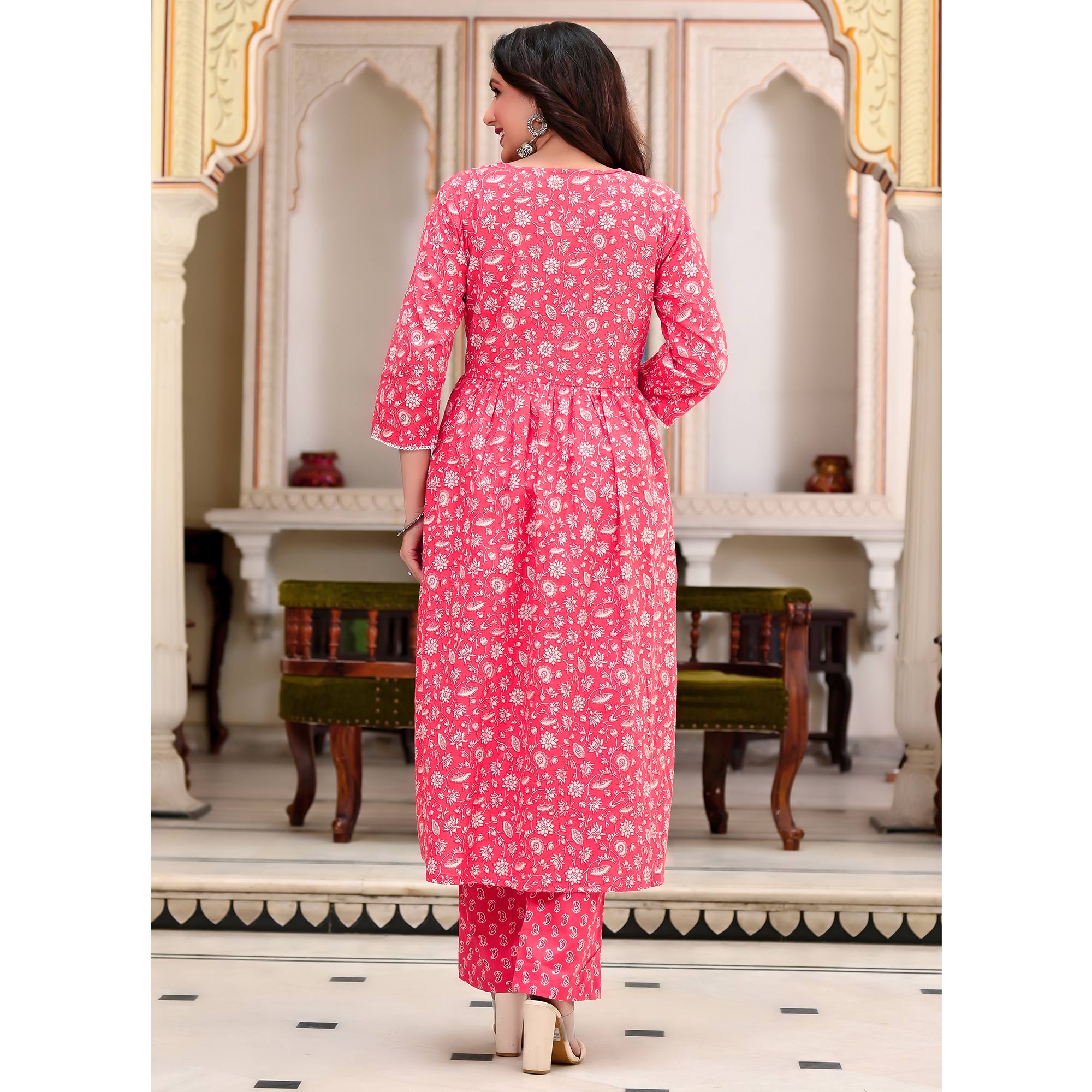 Pink Floral Printed Pure Cotton Anarkali Suit