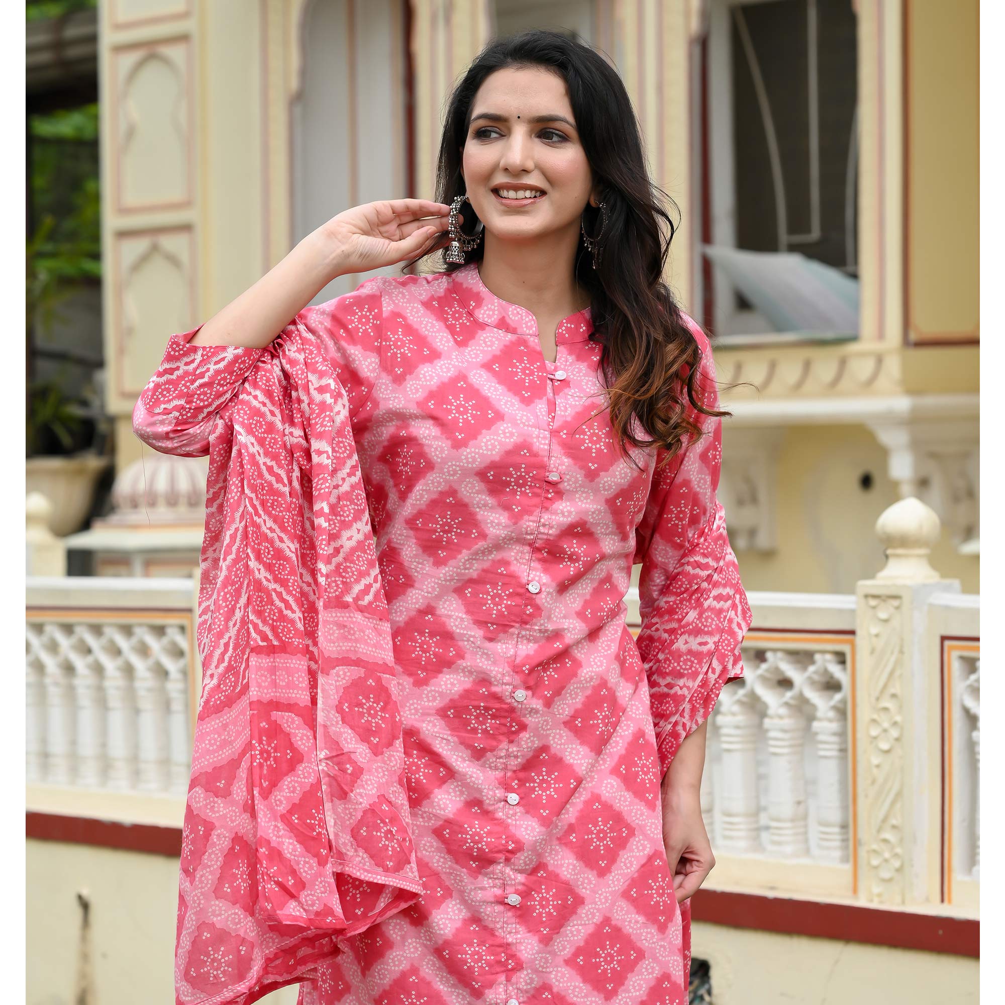 Pink Geometric Printed Pure Cotton Suit