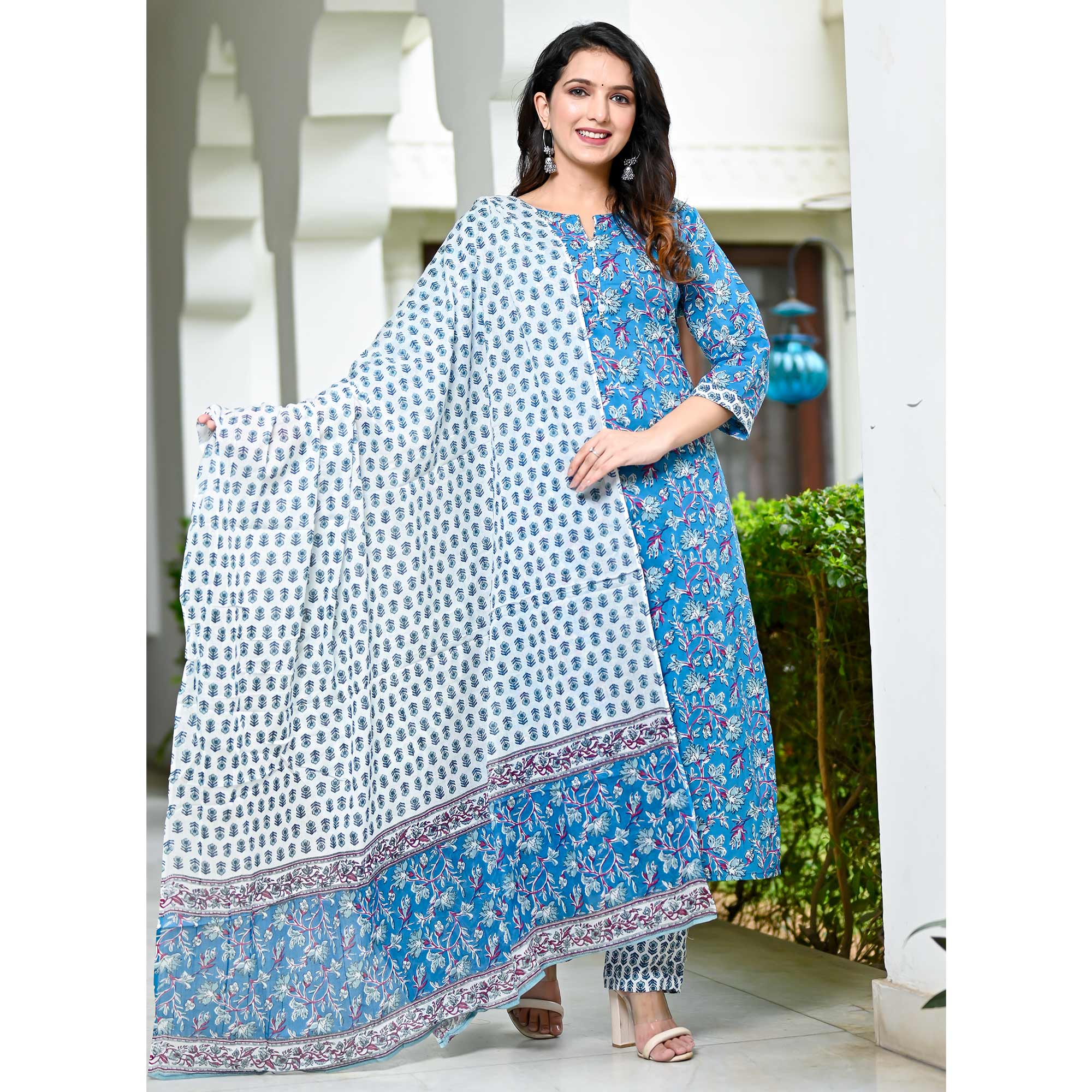 Blue Floral Printed Pure Cotton Salwar Suit