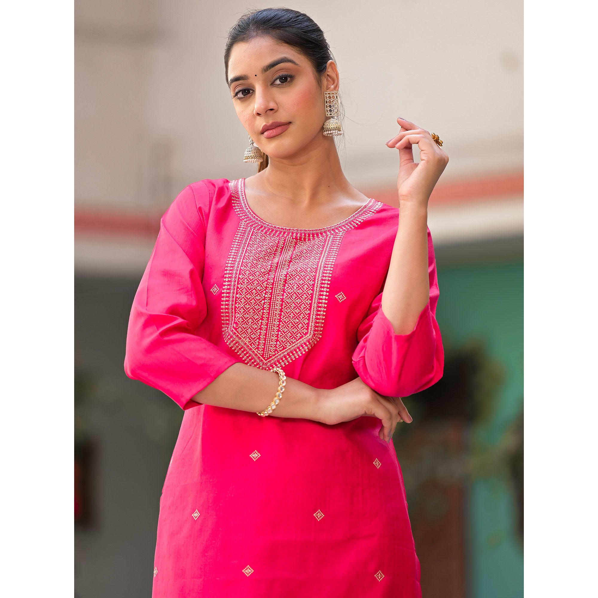 Pink Embroidered Viscose Straight Kurti Sets