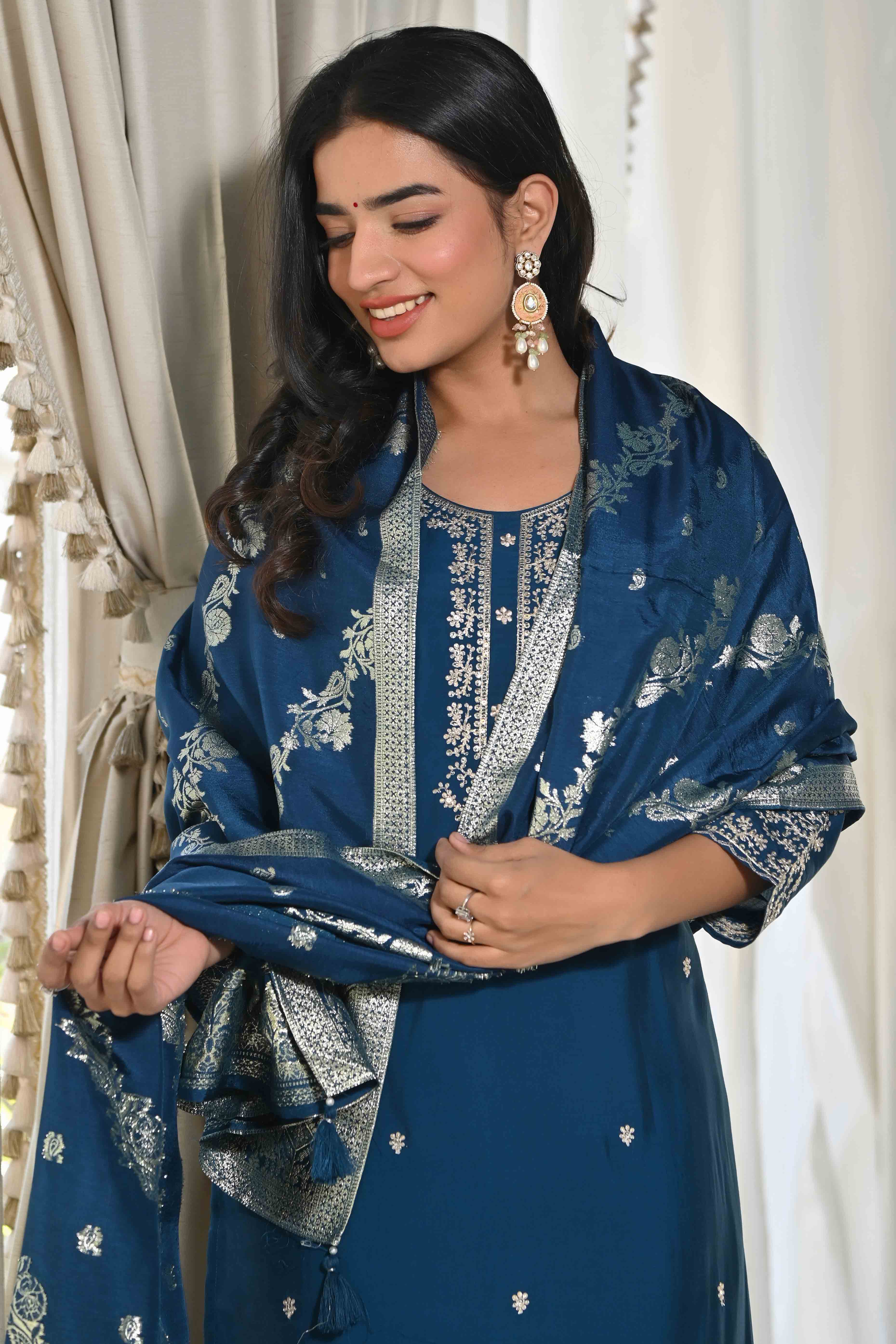 Blue Sequins Embroidered Chanderi Silk Salwar Suit