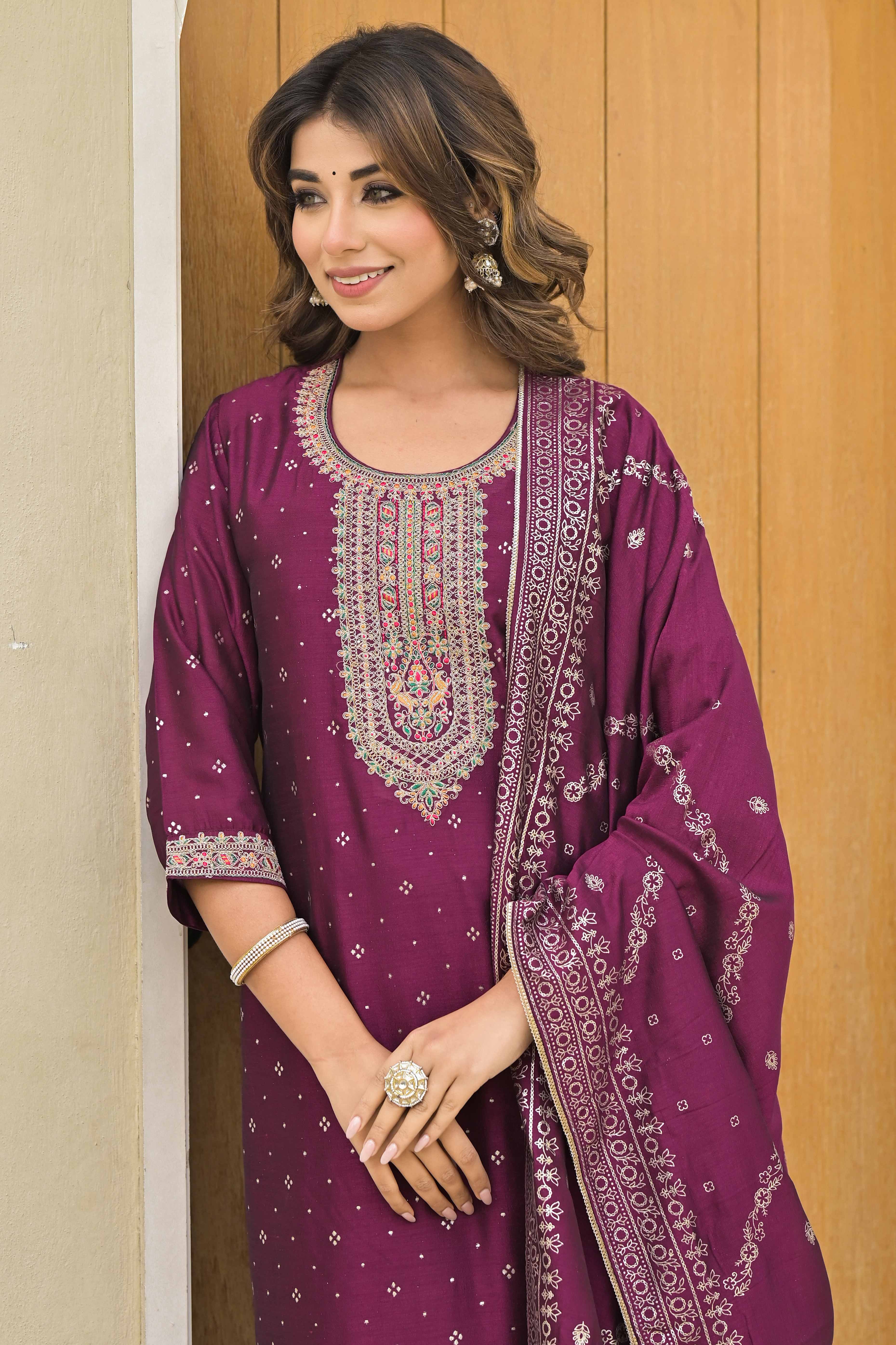 Dark Purple Golden Embroidered Vichitra Silk Salwar Suit