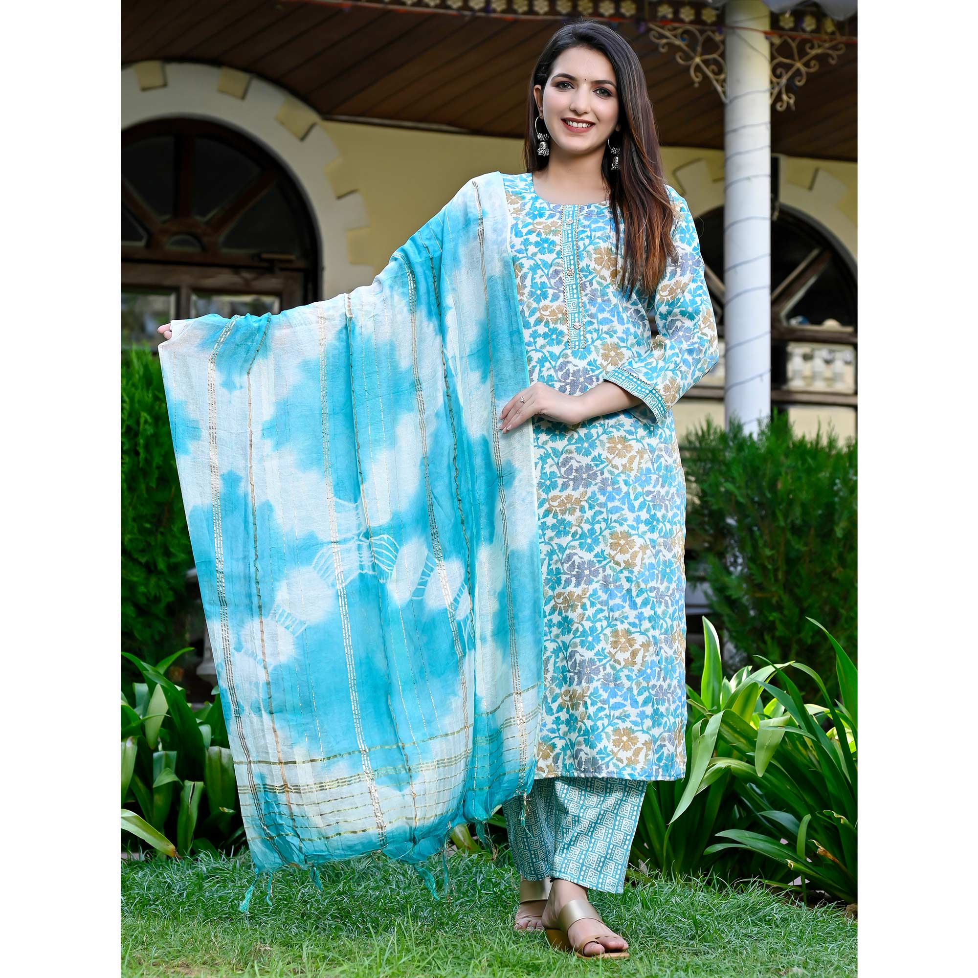 Blue Floral Printed Rayon Salwar Suit