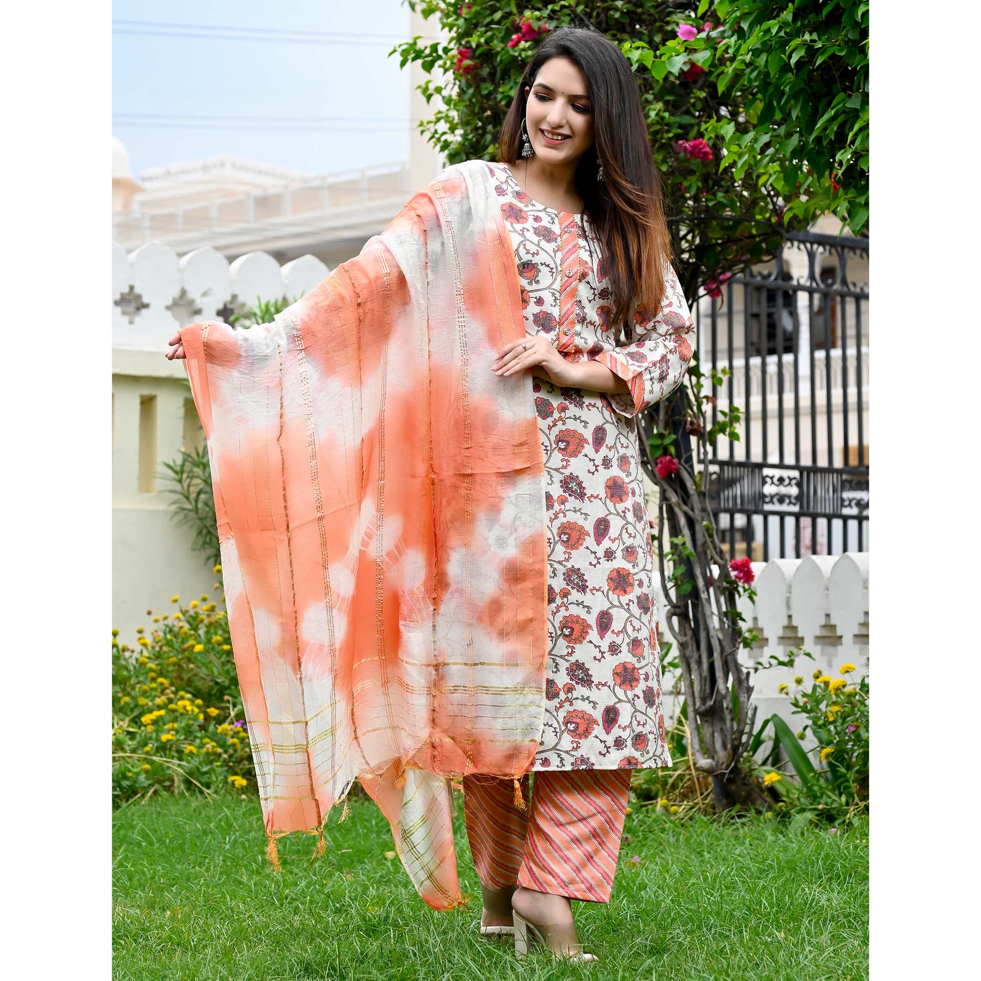 White Peach Floral Printed Rayon Salwar Suit