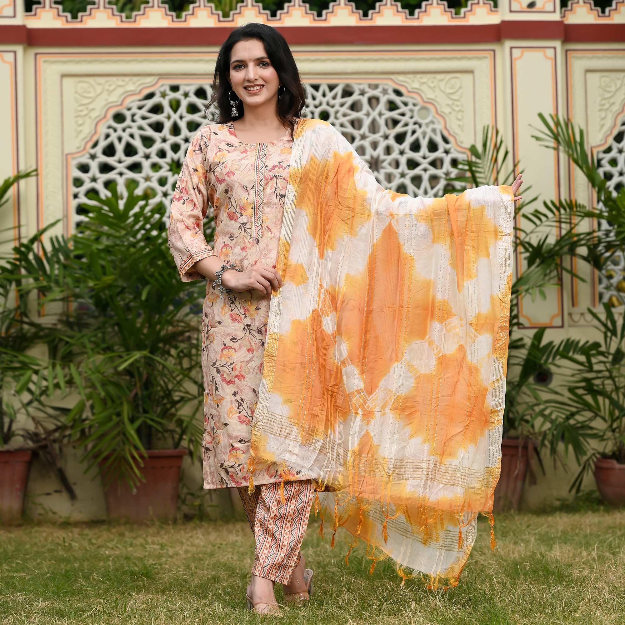 Peach Printed Rayon Suit