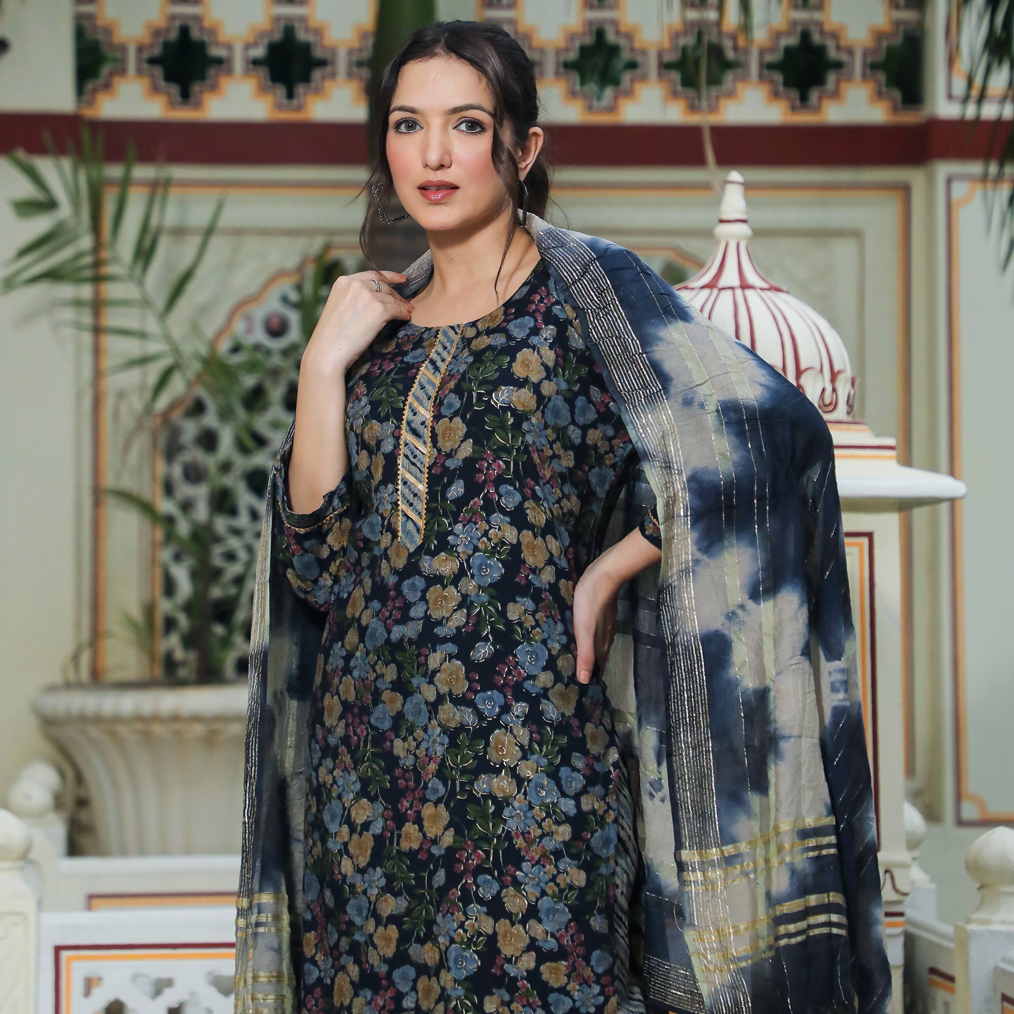 Navy Blue Foil Printed Rayon Suit