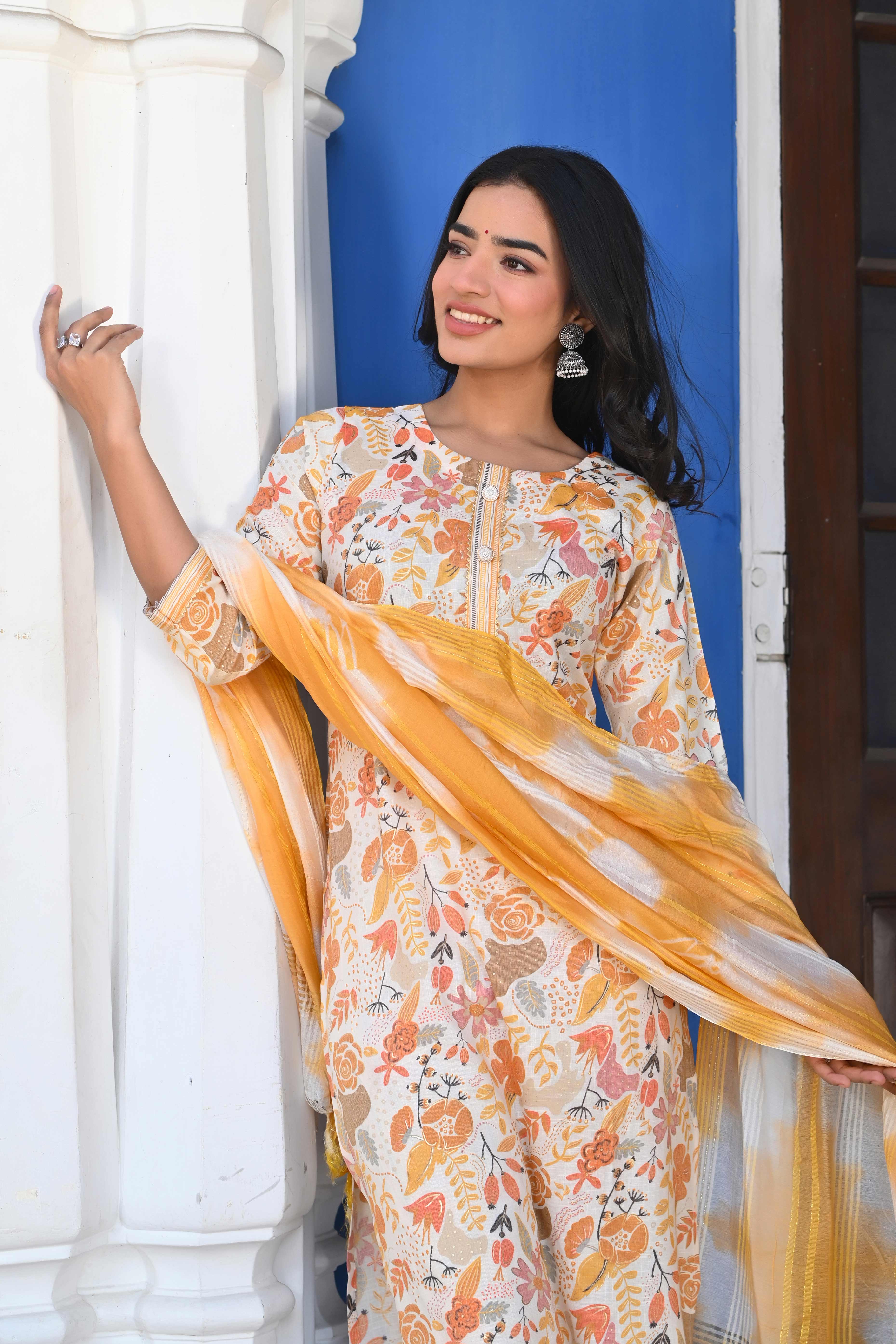 Cream & Yellow Floral Foil Printed Rayon Salwar Suit