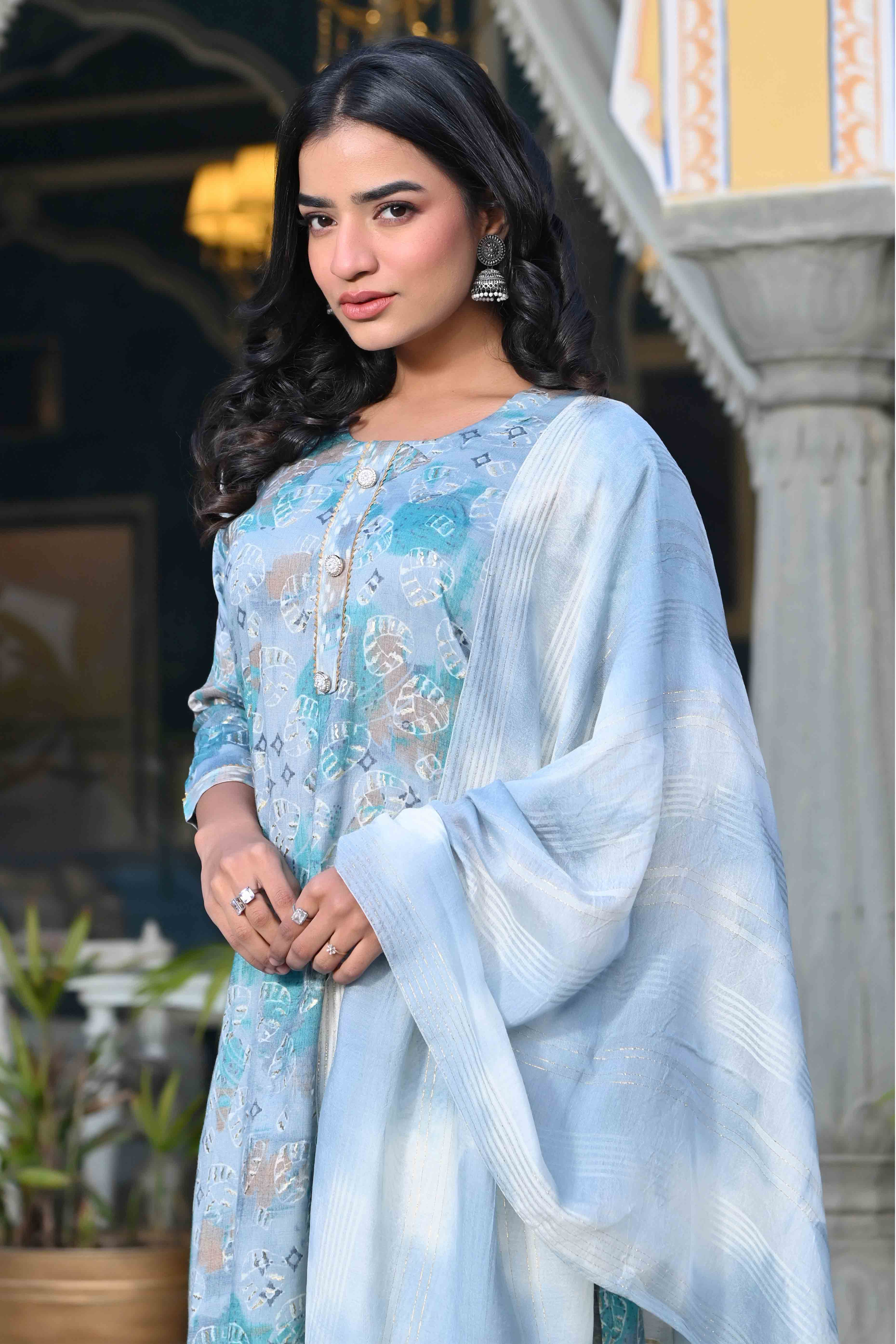 Grey & Turquoise Floral Foil Printed Rayon Salwar Suit