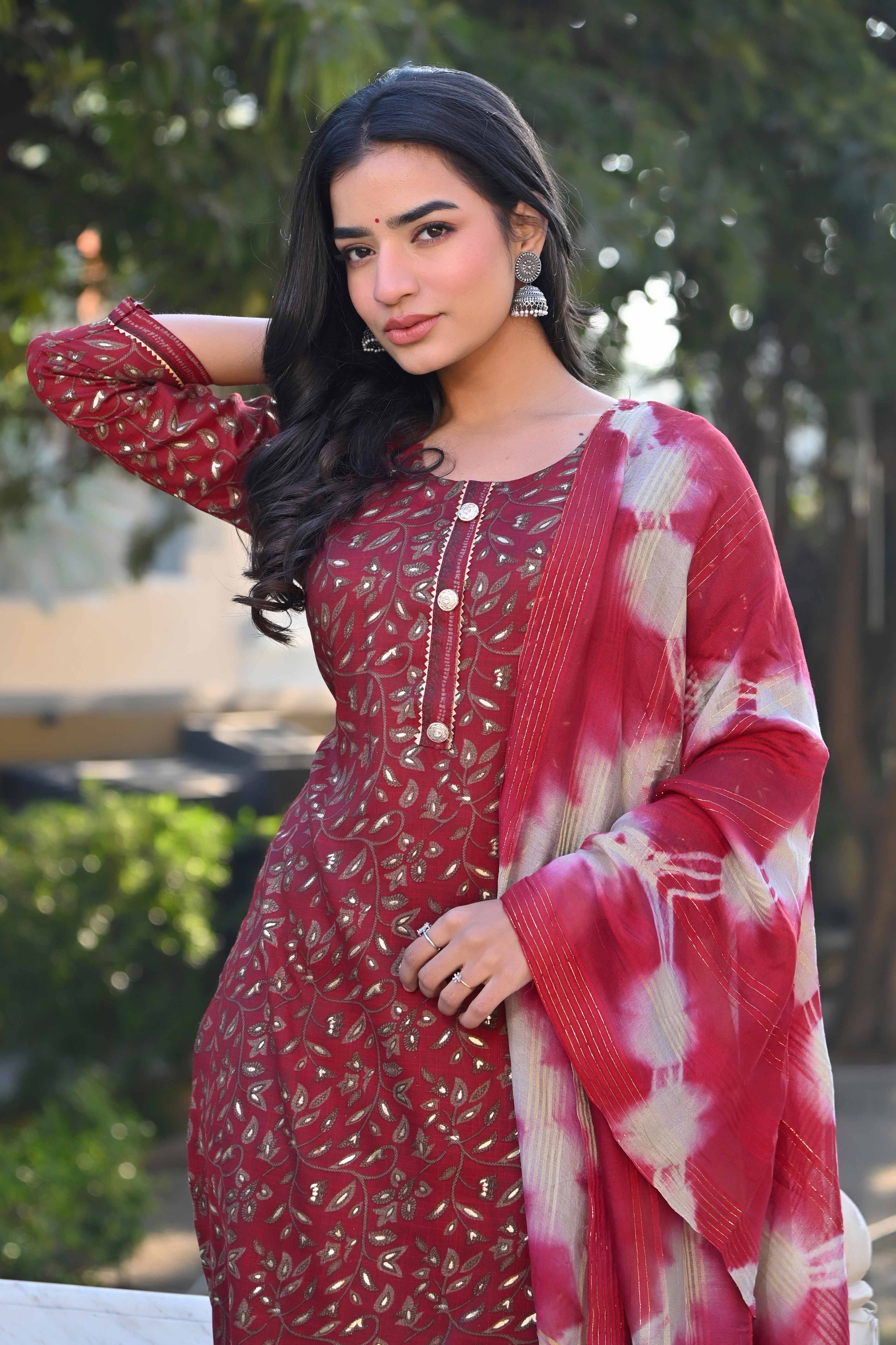 Red Floral Foil Printed Rayon Salwar Suit