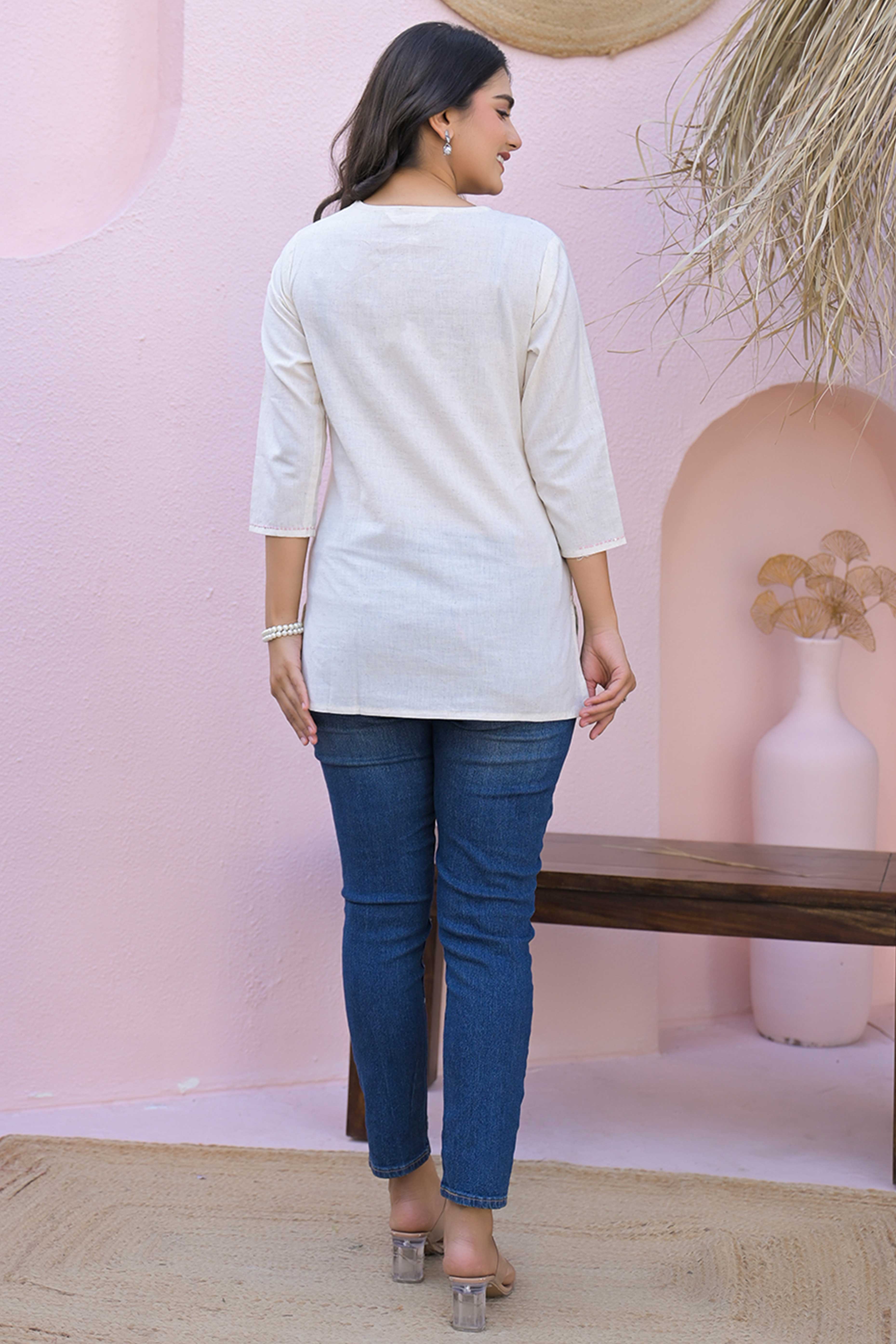 Soft Cream Floral Neck Embroidered Cotton Flex Top