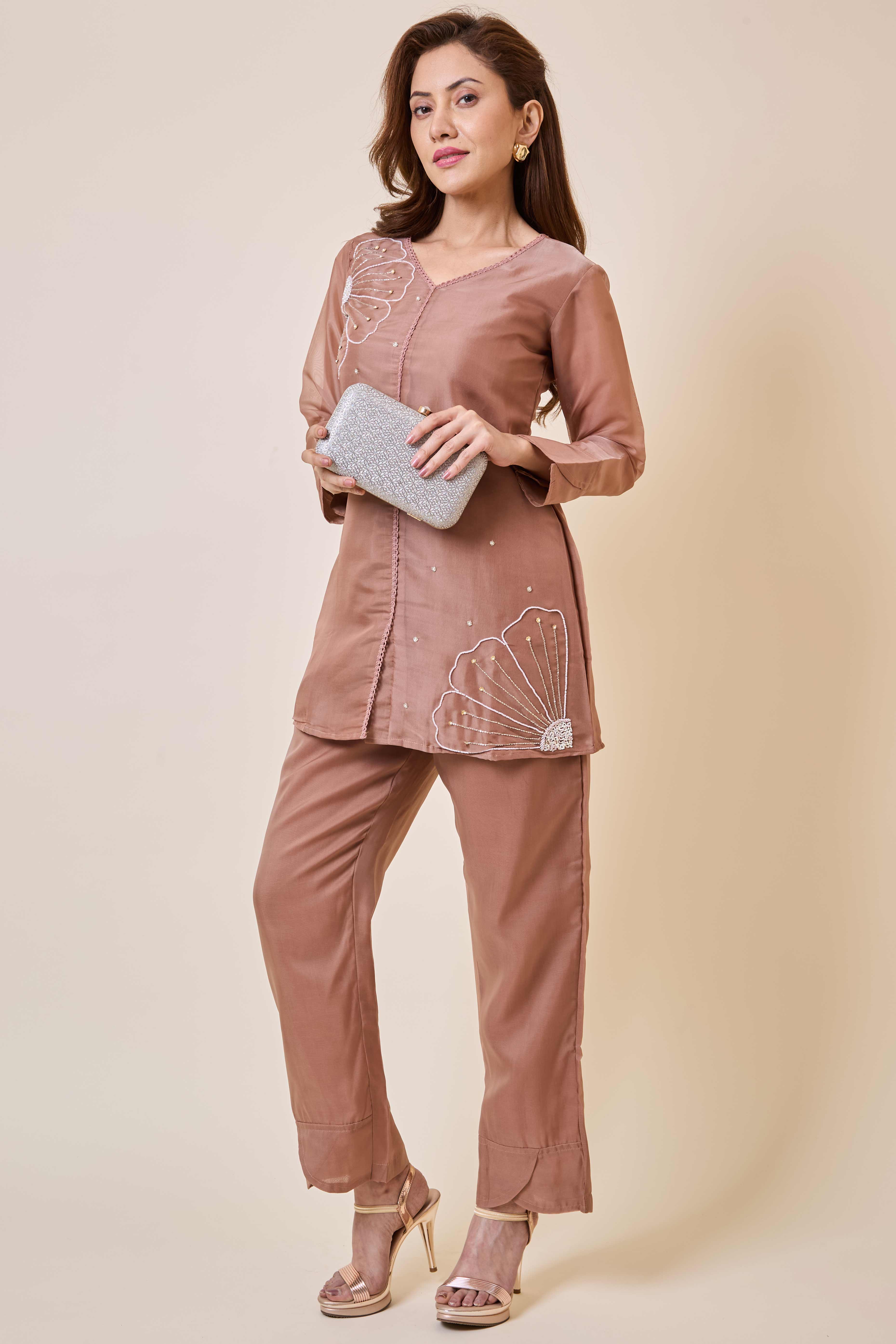 Brown Floral Embroidery Organza Co-Ord Set