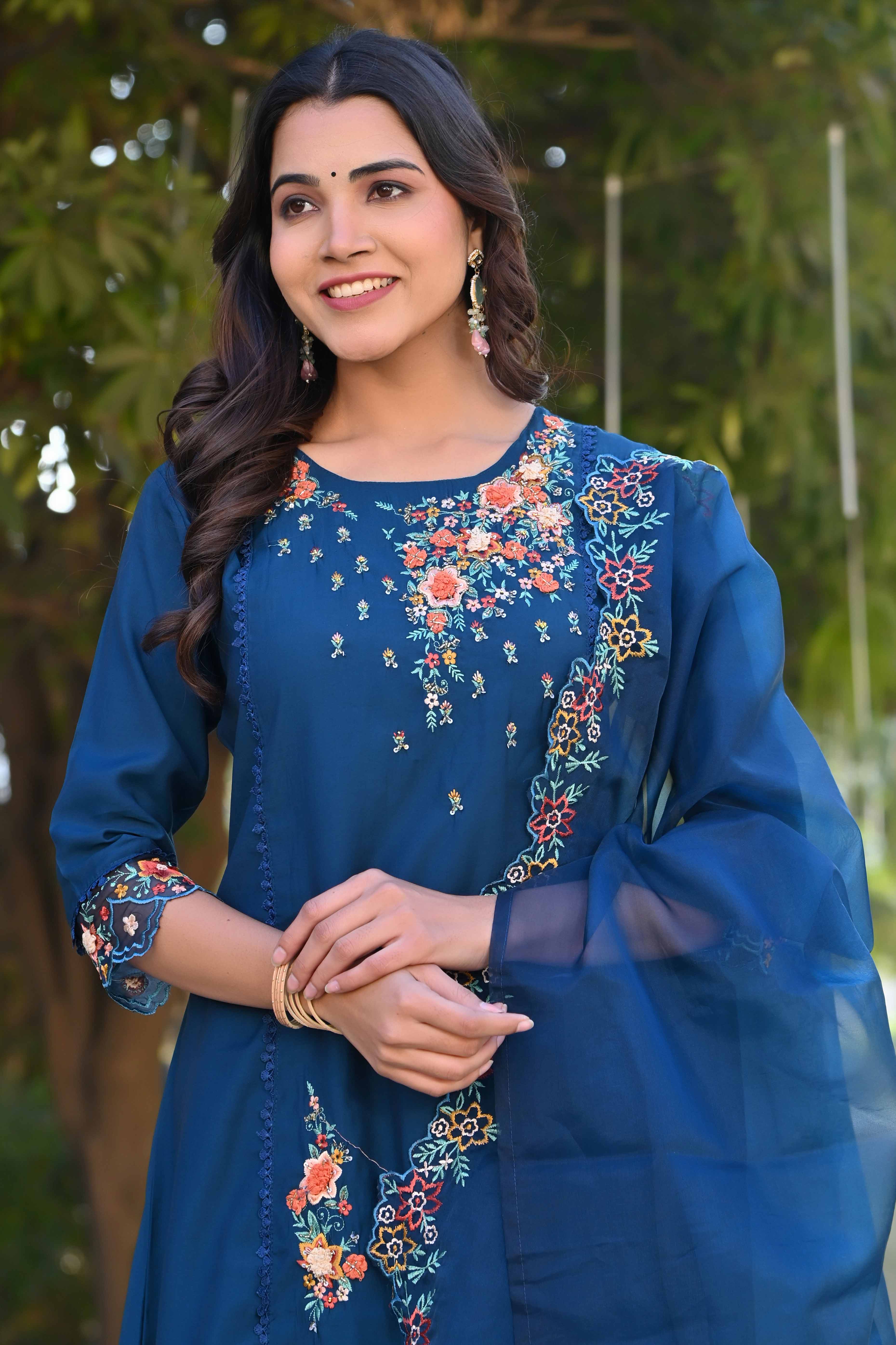 Navy Blue Floral Embroidery Handwork Viscose Salwar Suit