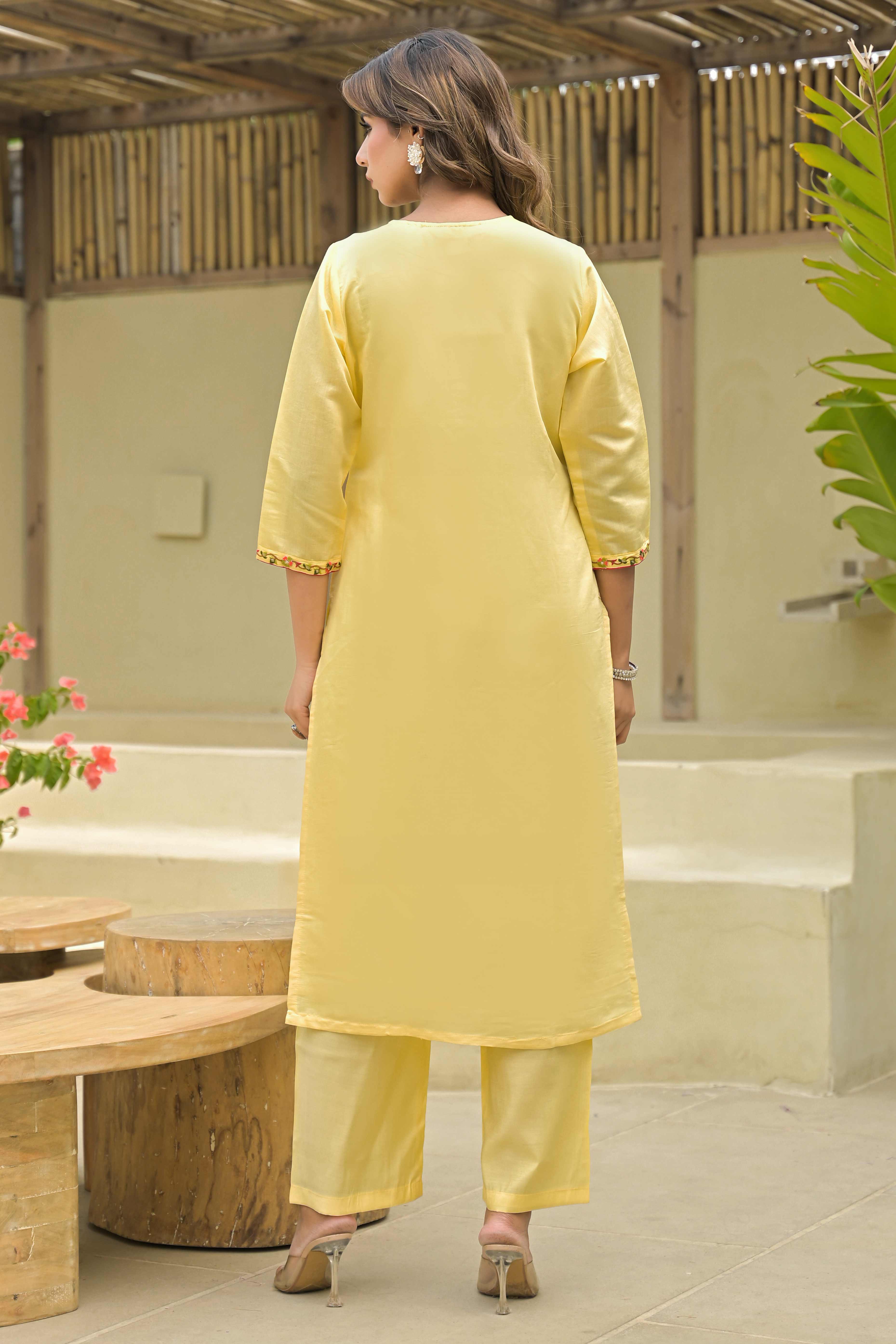 Yellow Thread Work Embroidered Chanderi Silk Salwar Suit