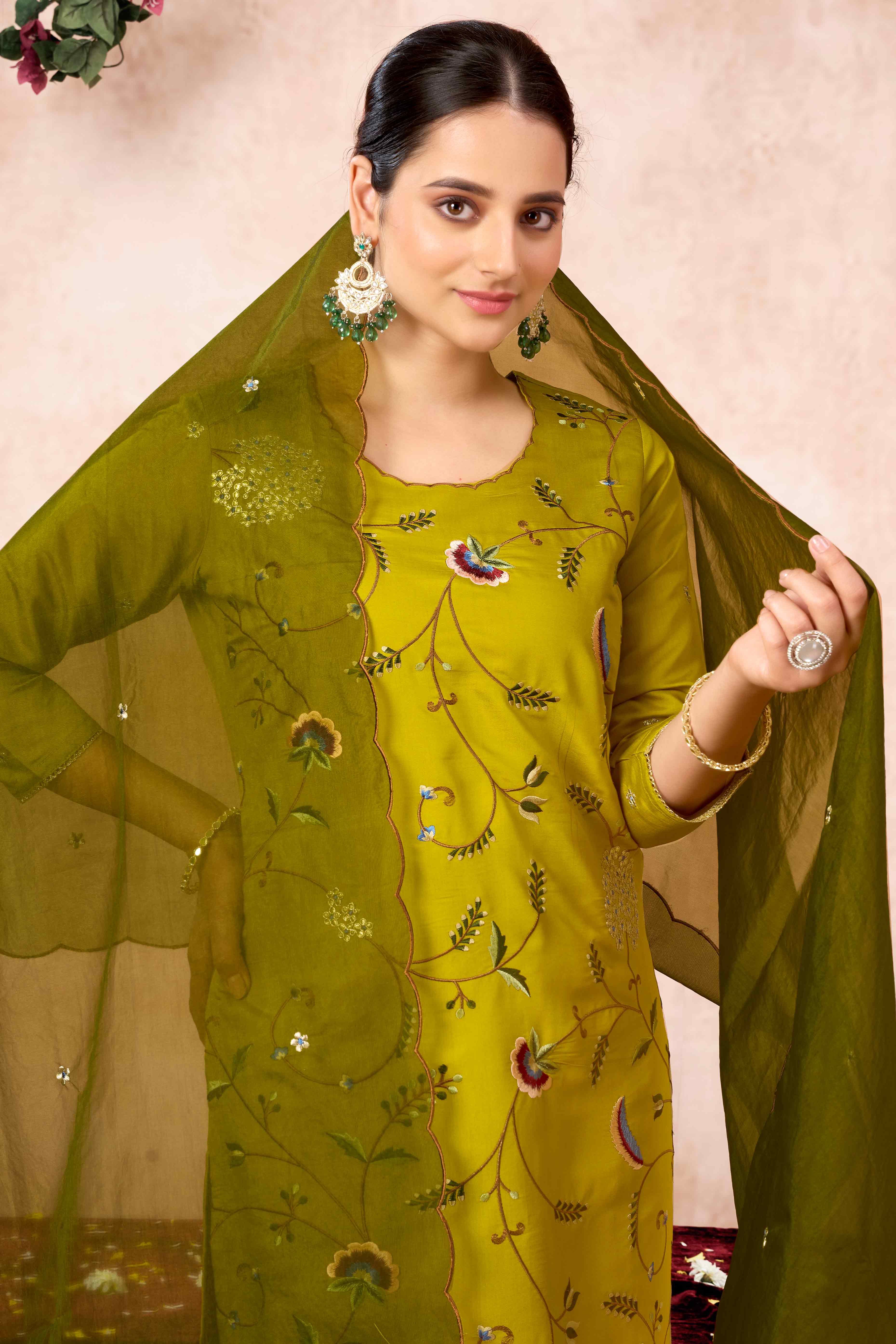 Lime Yellow Floral Embroidered Muslin Straight Salwar Suit
