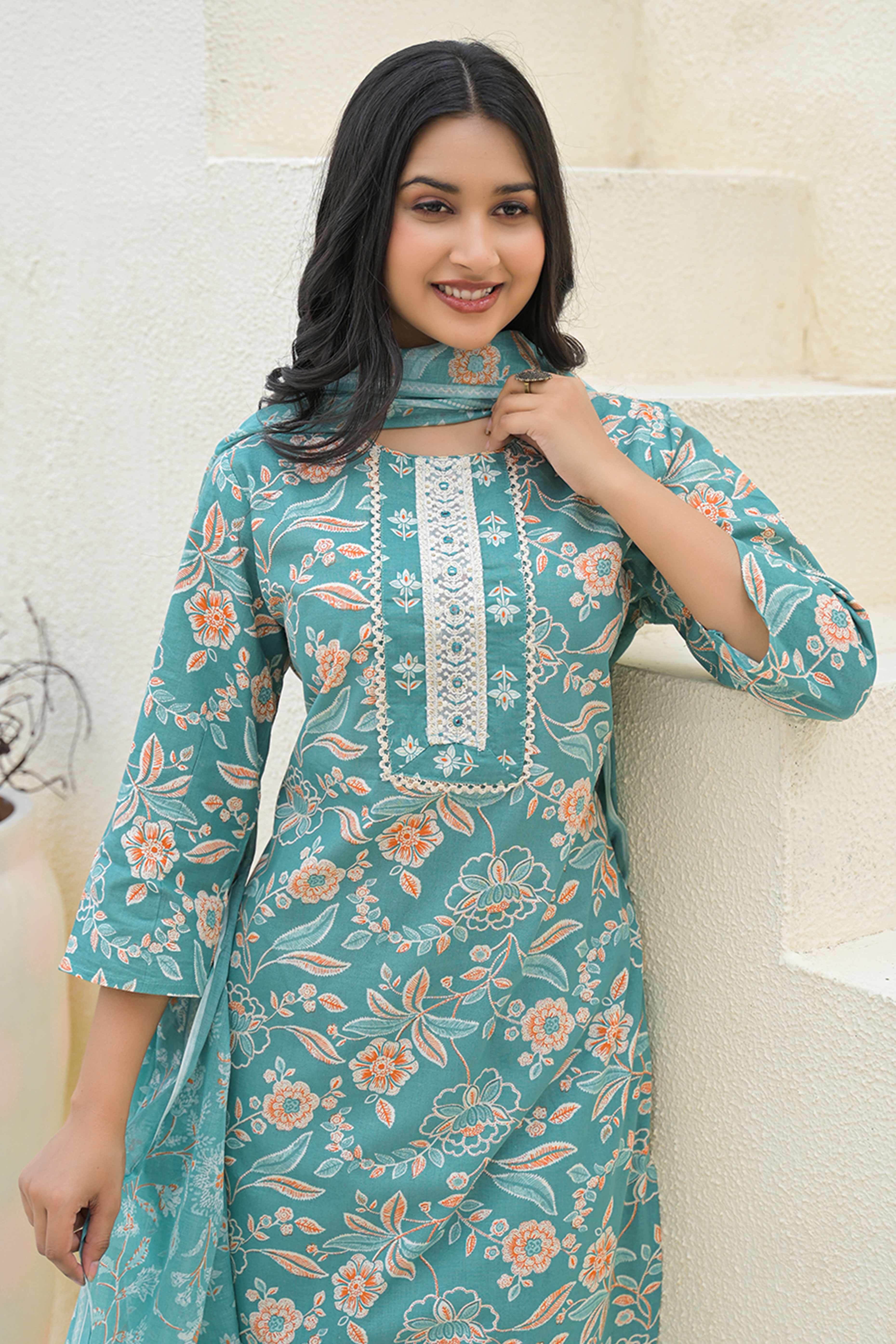 Sea Green Floral Printed With Embroidery Work Cotton Blend Straight Salwar Suit