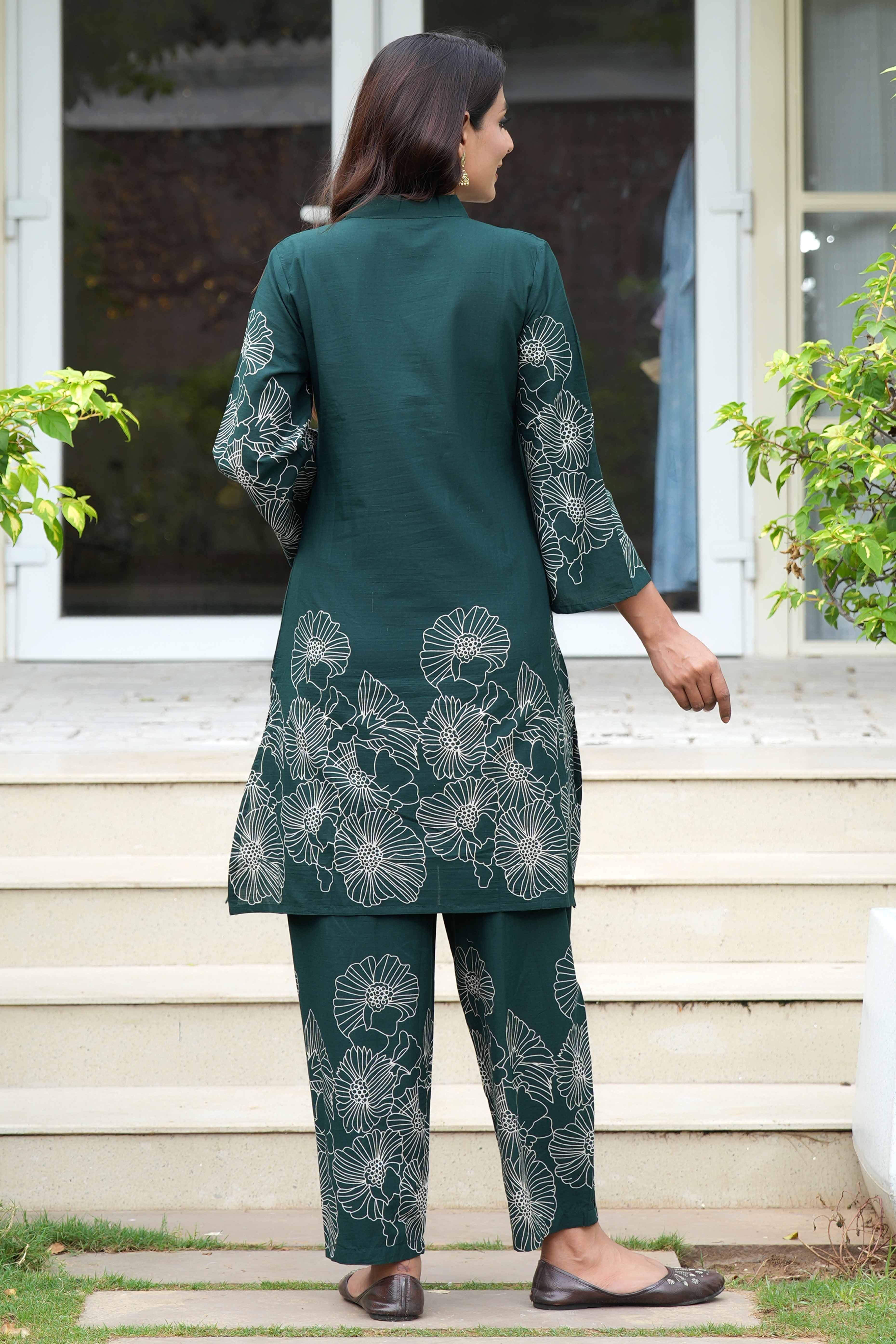 Stylish A-Line Cotton Co-Ord Set in Bottle Green with Floral Prints