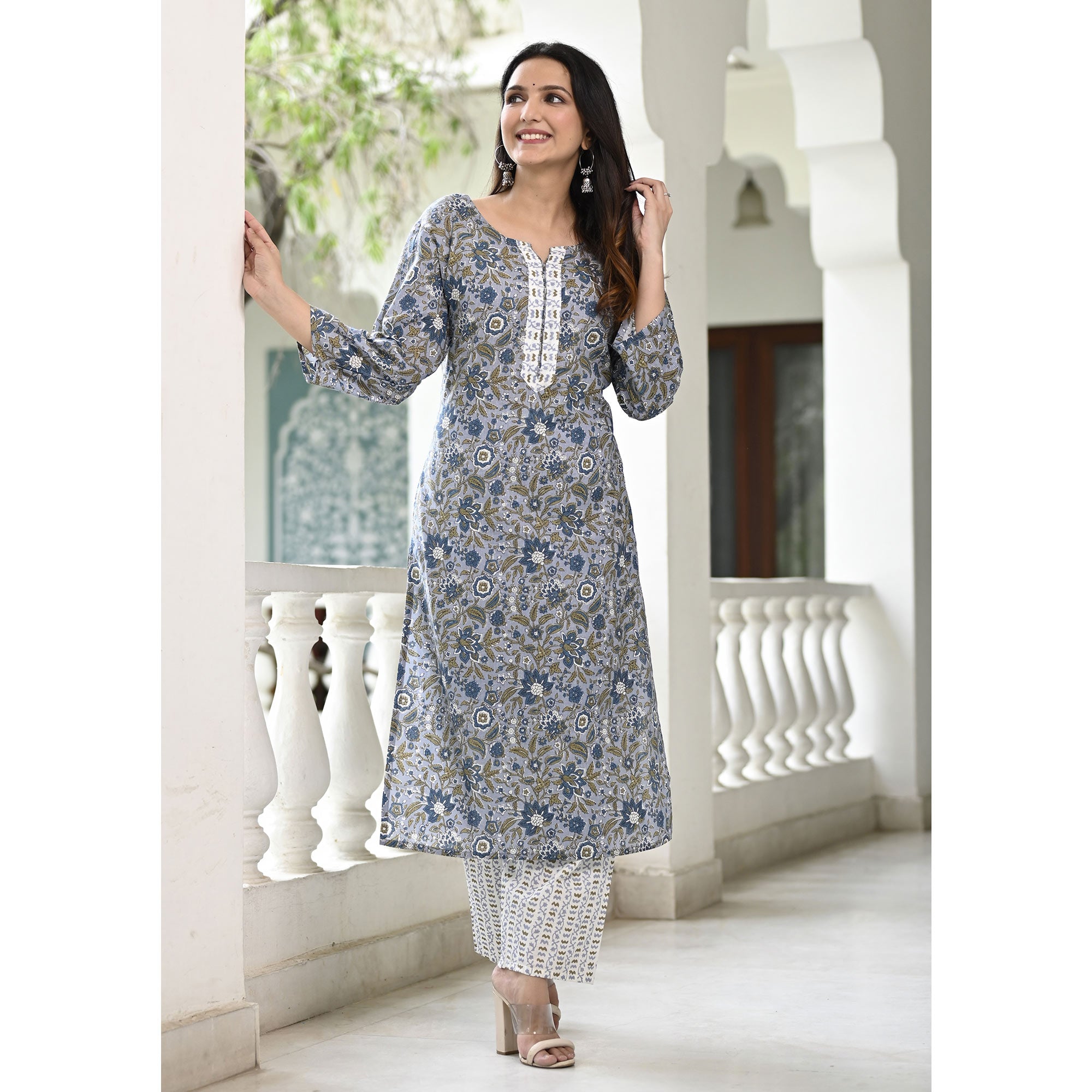 Blue Floral Printed Pure Cotton Suit