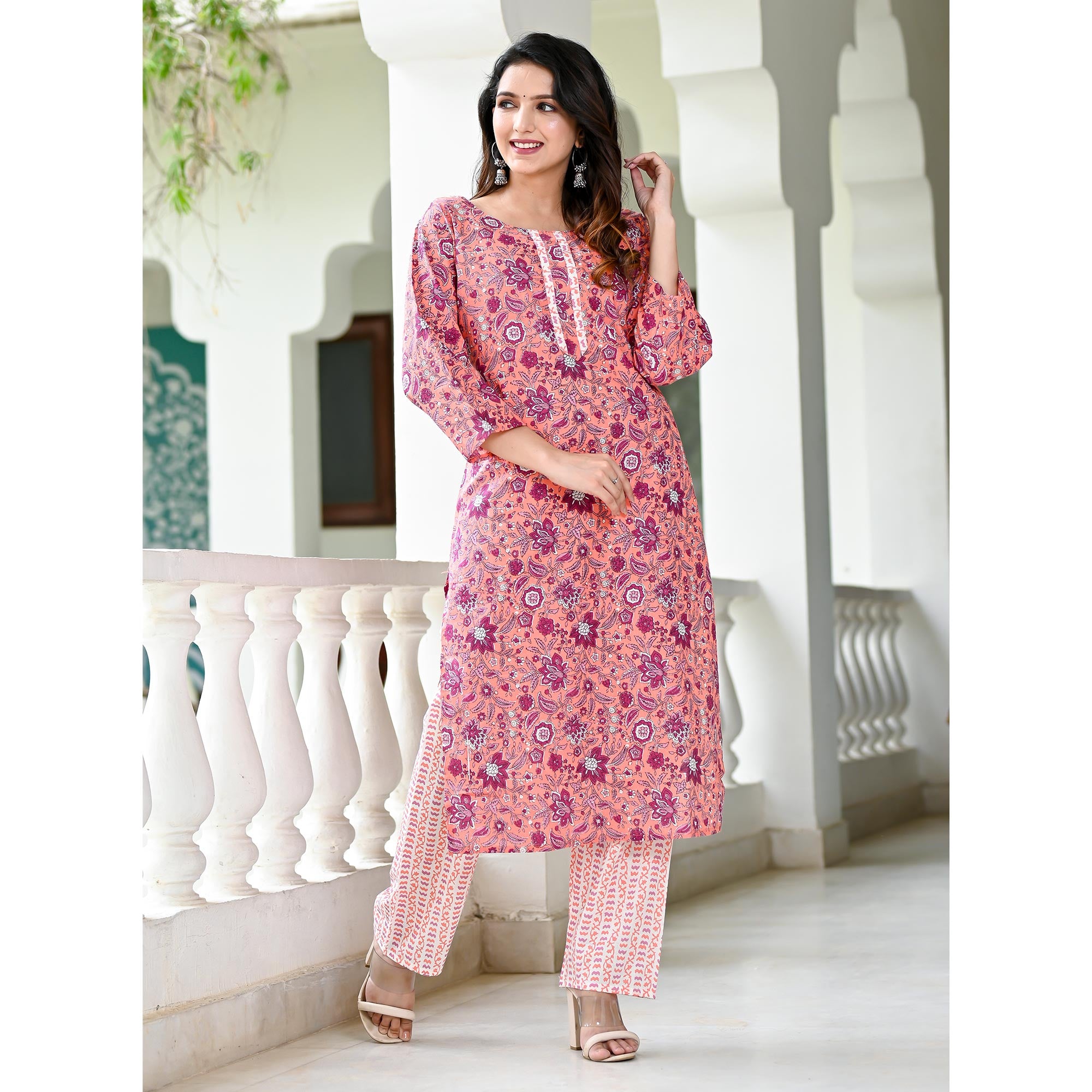 Peach Floral Printed Pure Cotton Suit