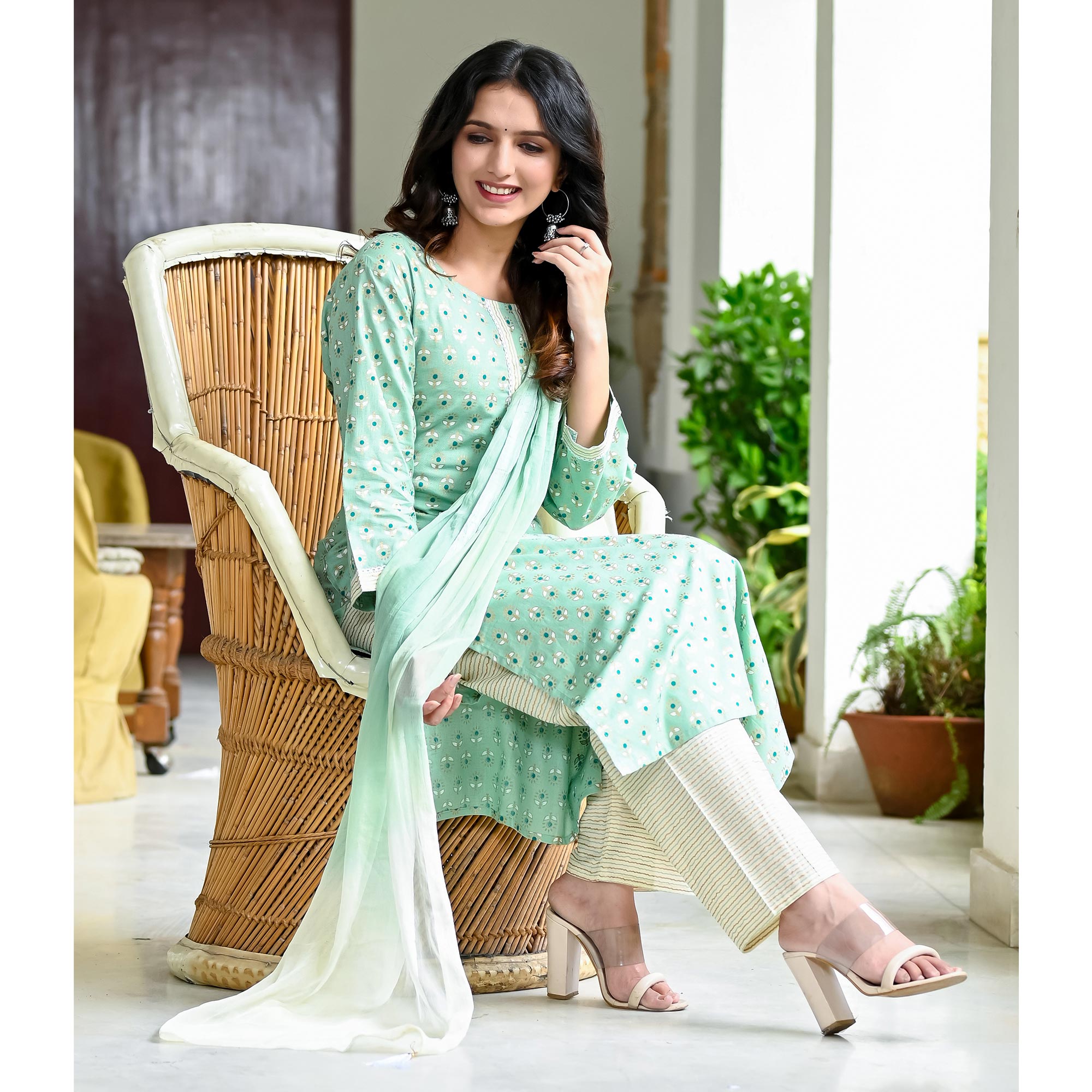 Green Floral Foil Printed Pure Cotton Suit