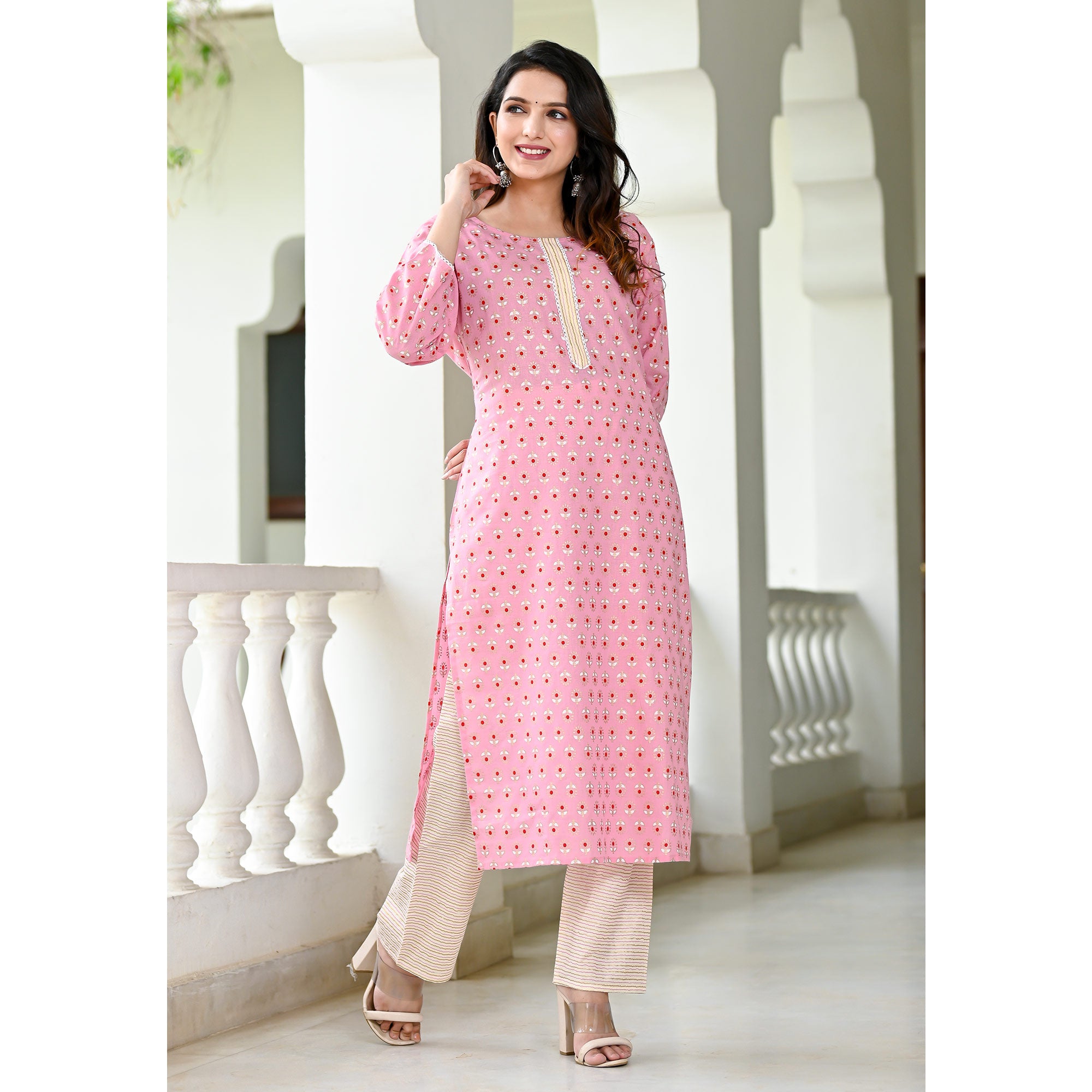 Pink Floral Foil Printed Pure Cotton Suit