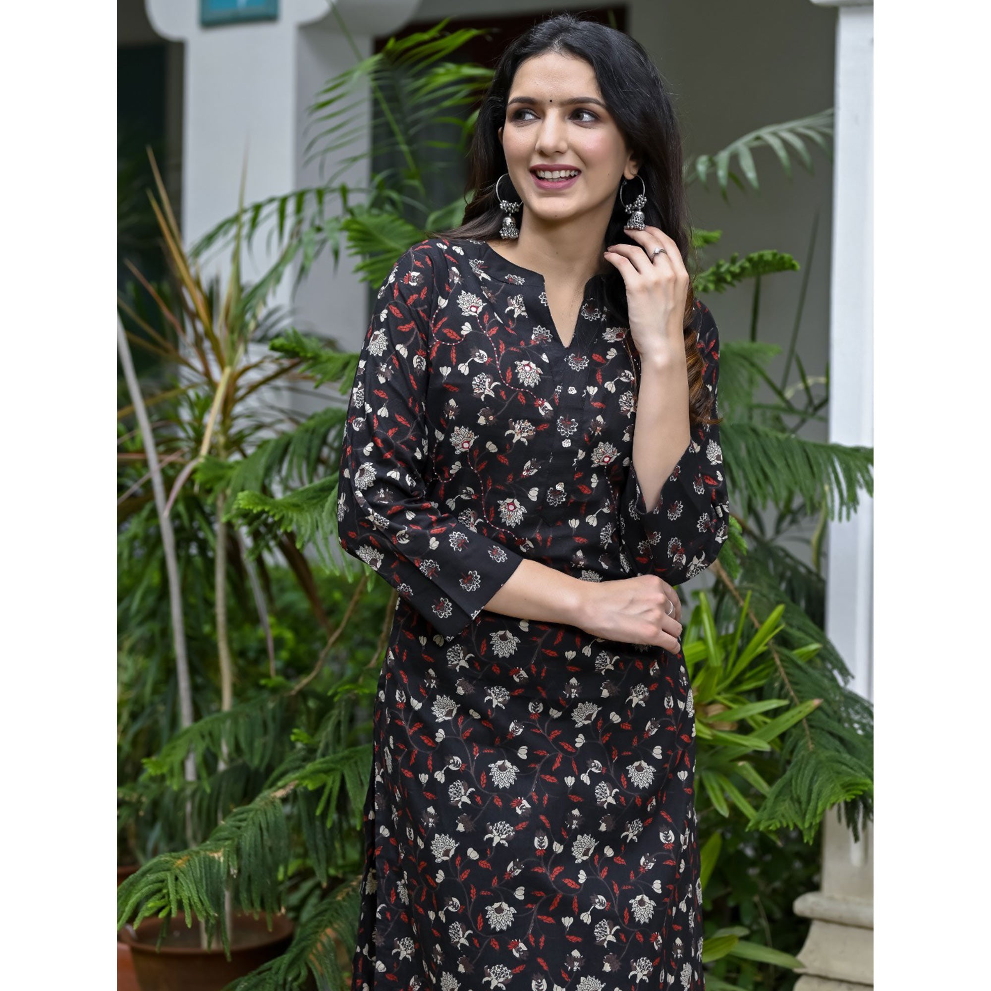 Black Floral Printed Pure Cotton Kurti Pant Set