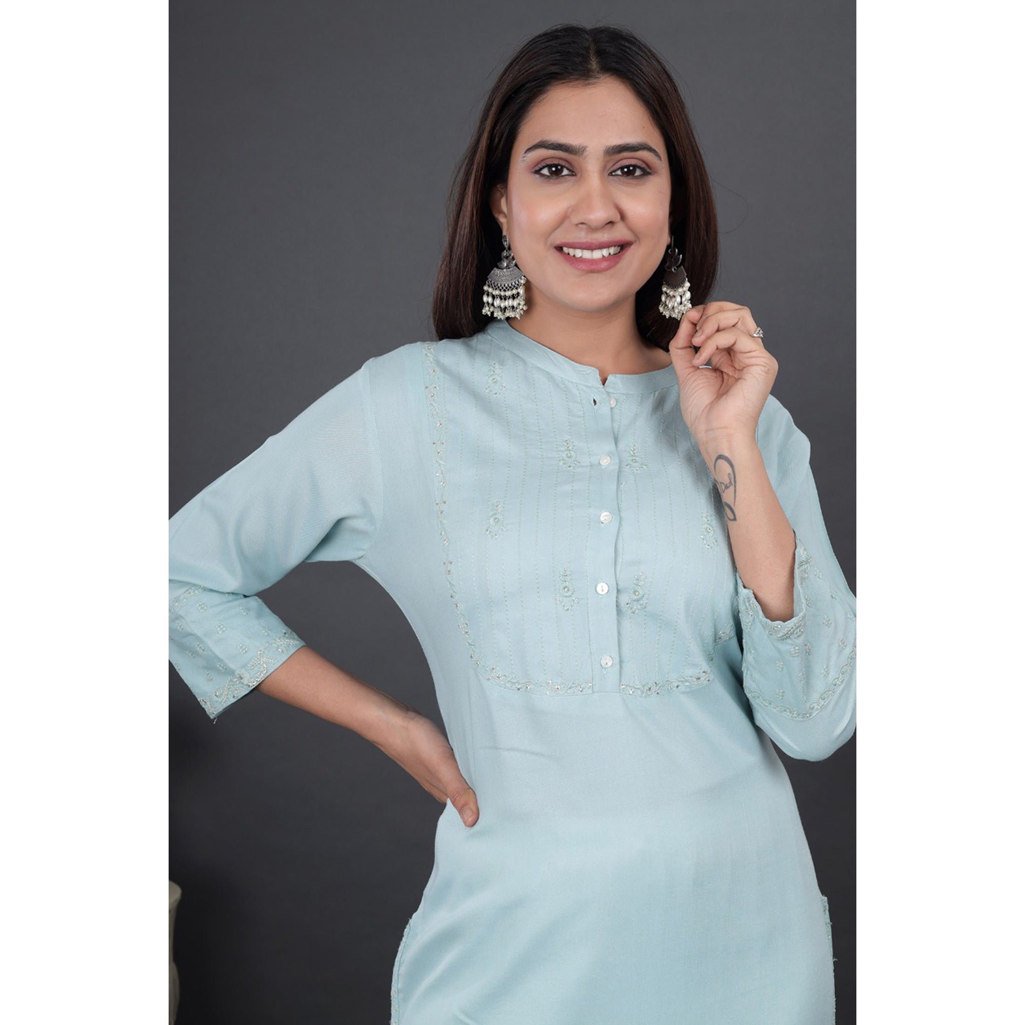 Blue Embroidered Pure Cotton Kurti