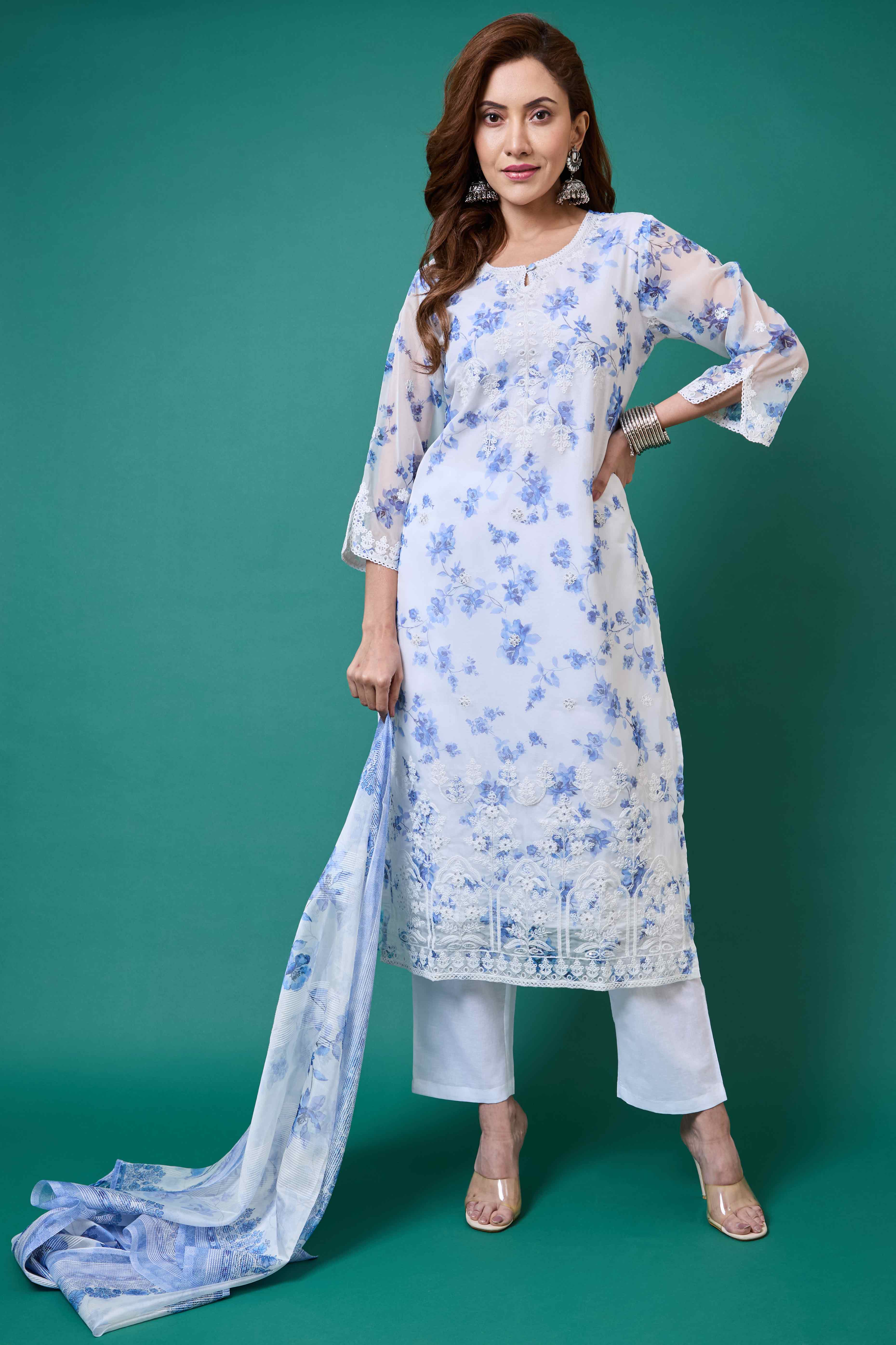 White Floral Embroidery with Printed Organza Salwar Suit