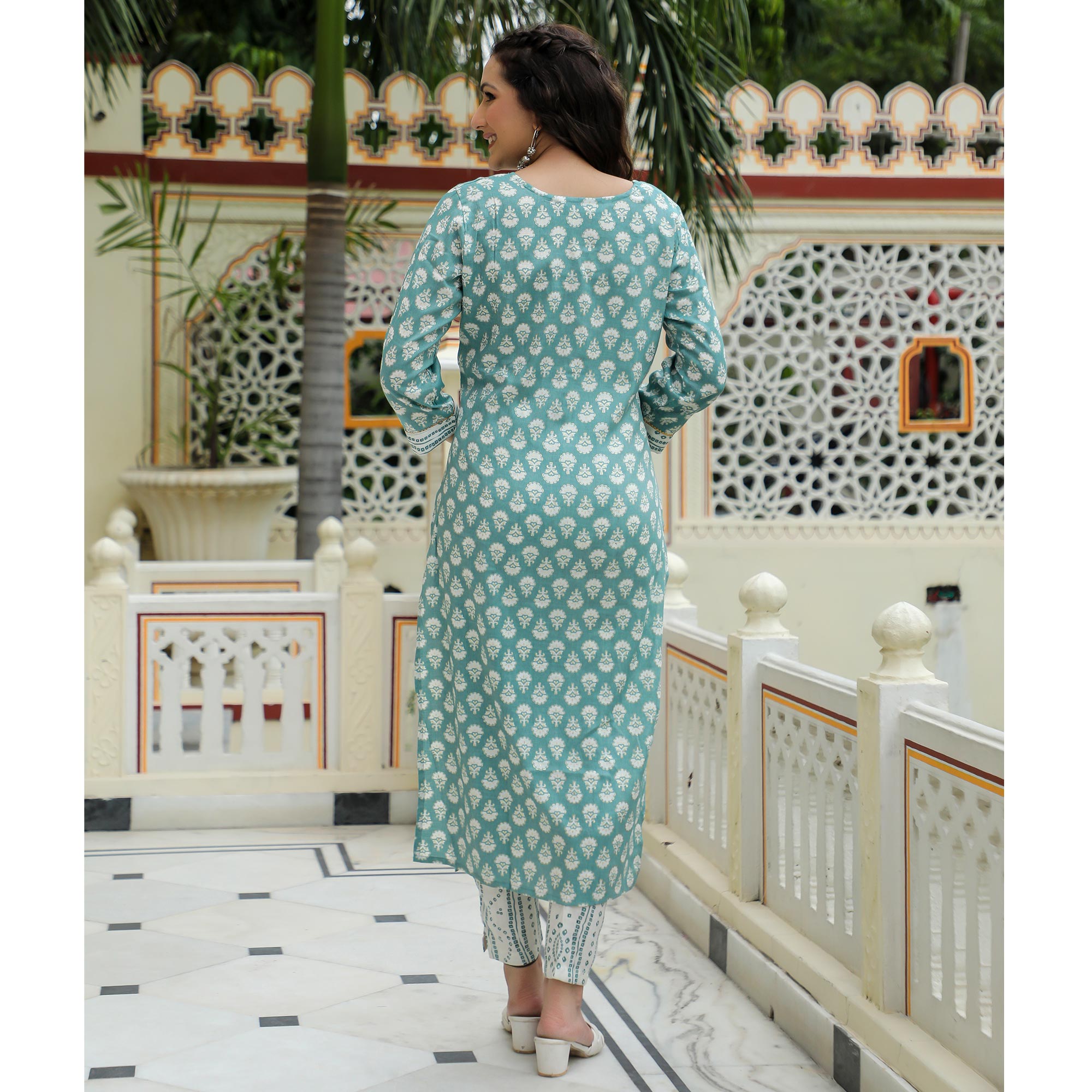 Green Floral Foil Printed Rayon Suit