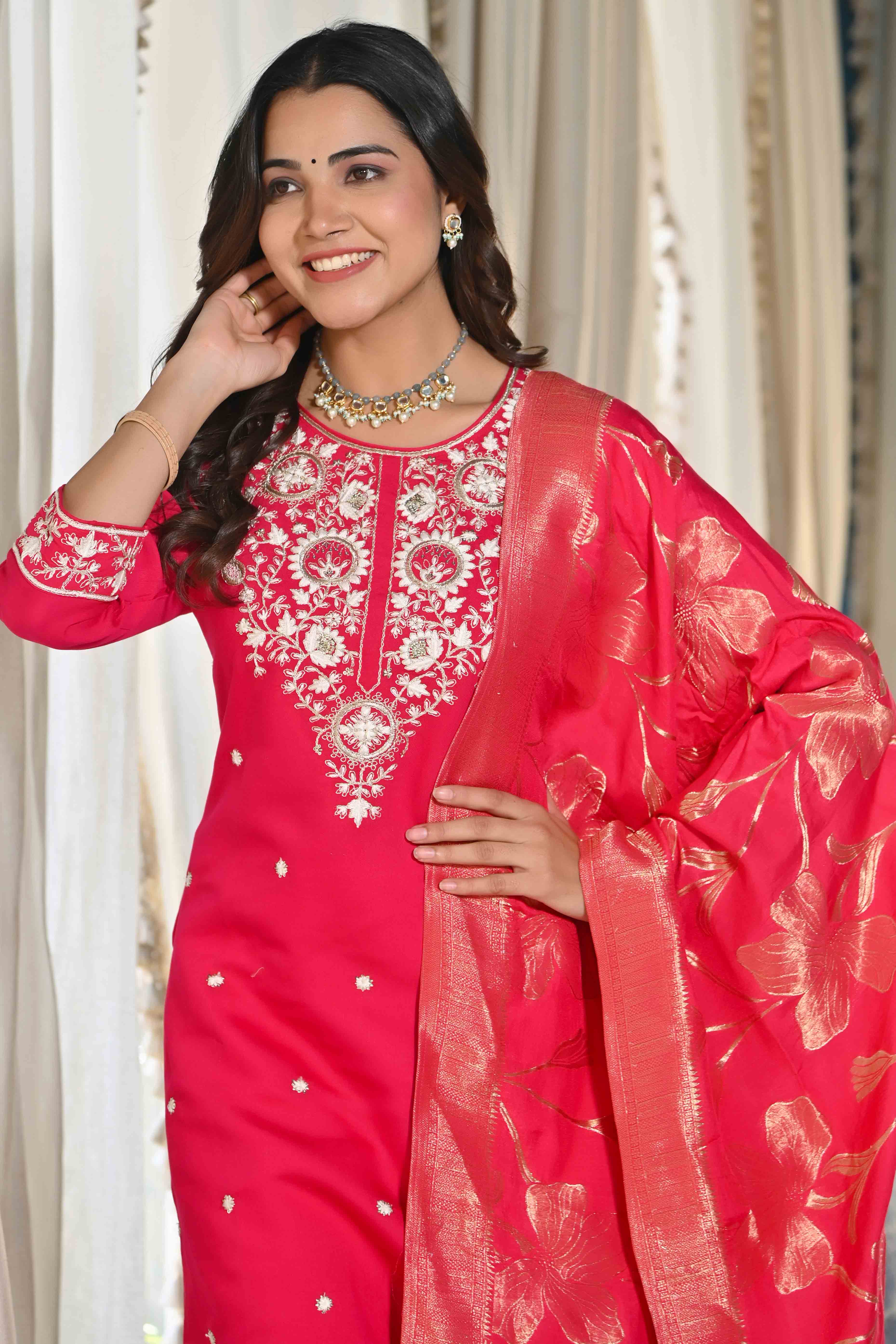 Pink Sequins Embroidered Cotton Silk Salwar Suit