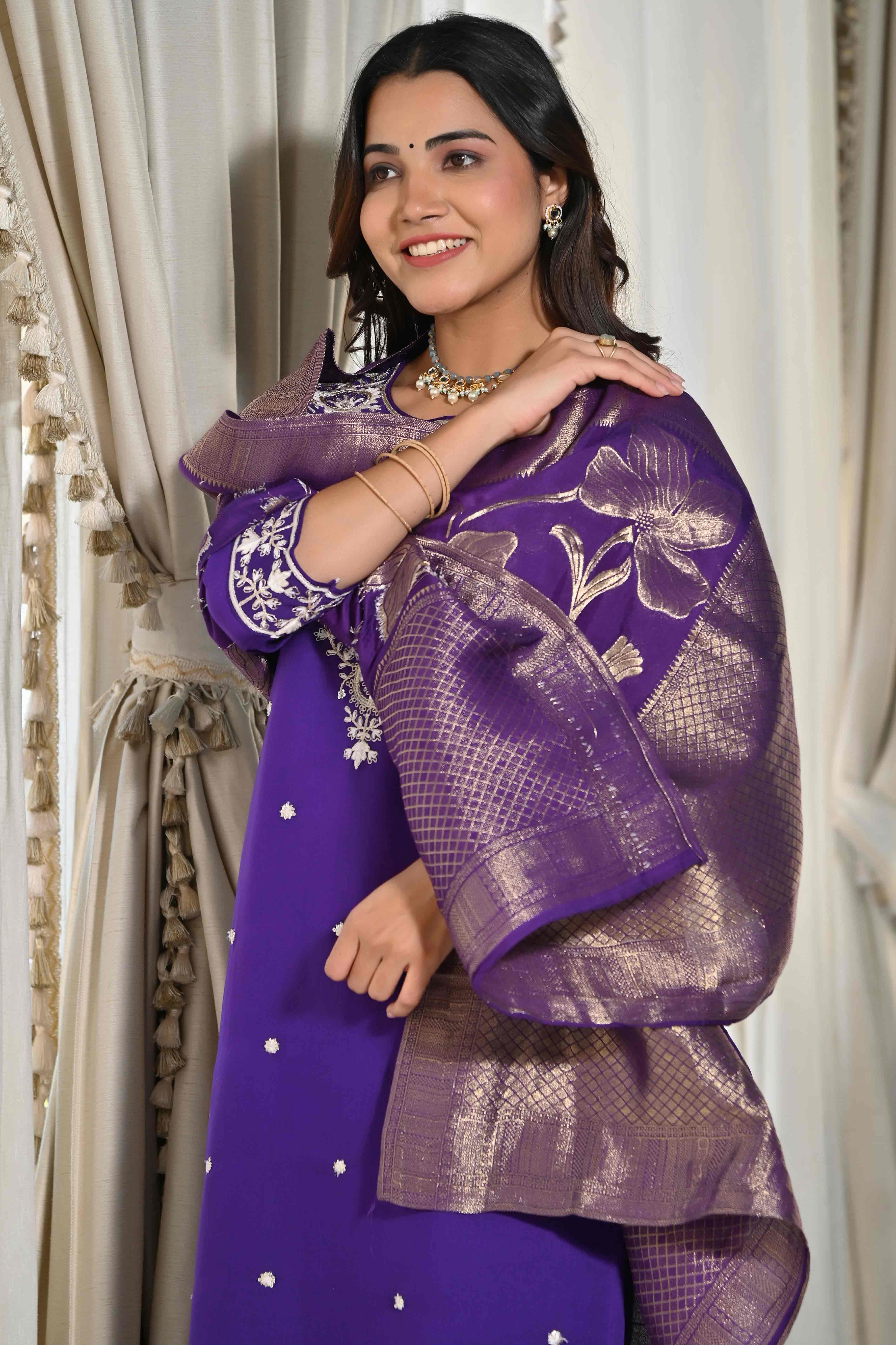 Violet Sequins Embroidered Cotton Silk Salwar Suit