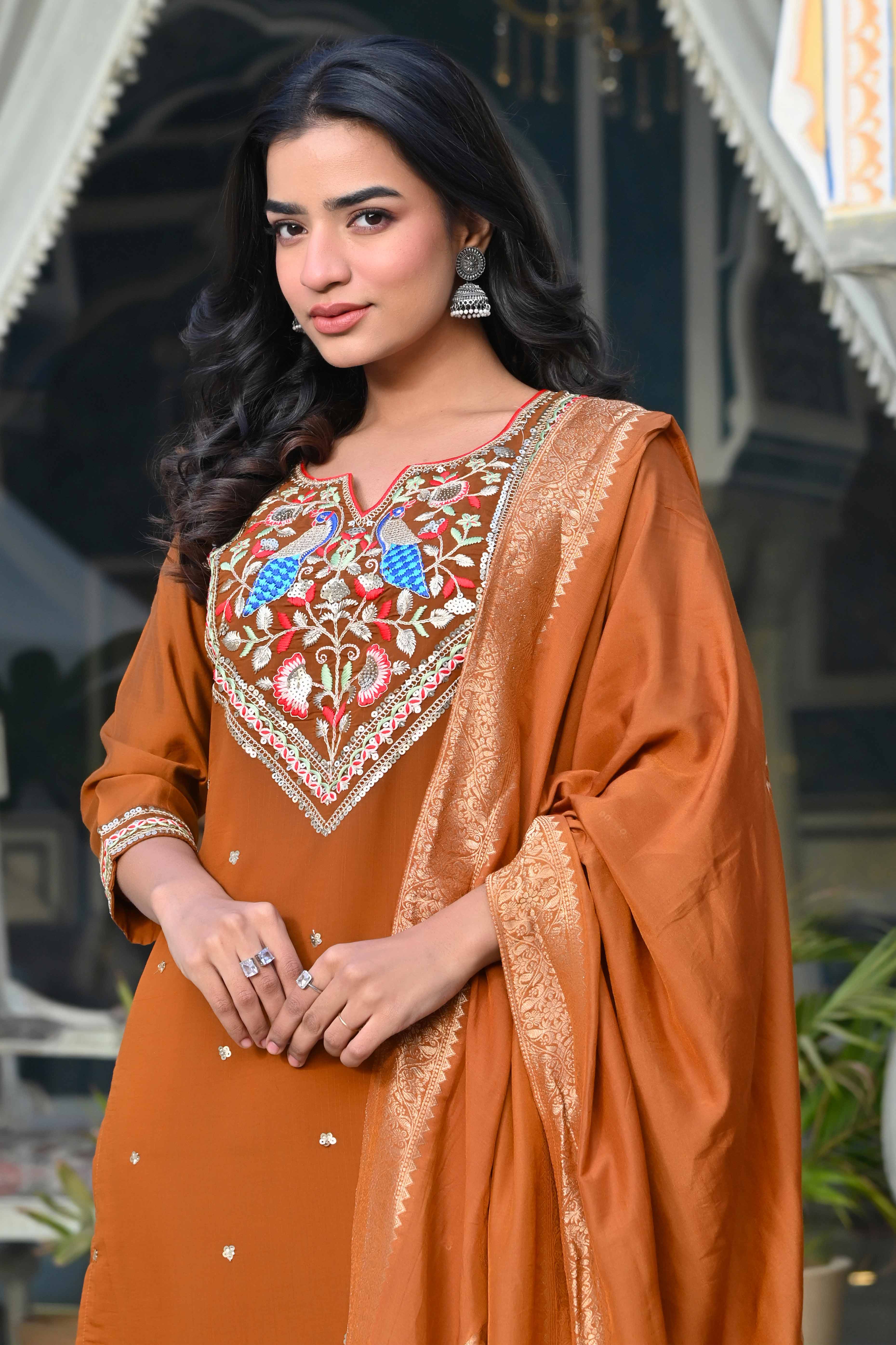 Brown Sequins Embroidered Viscose Salwar Suit