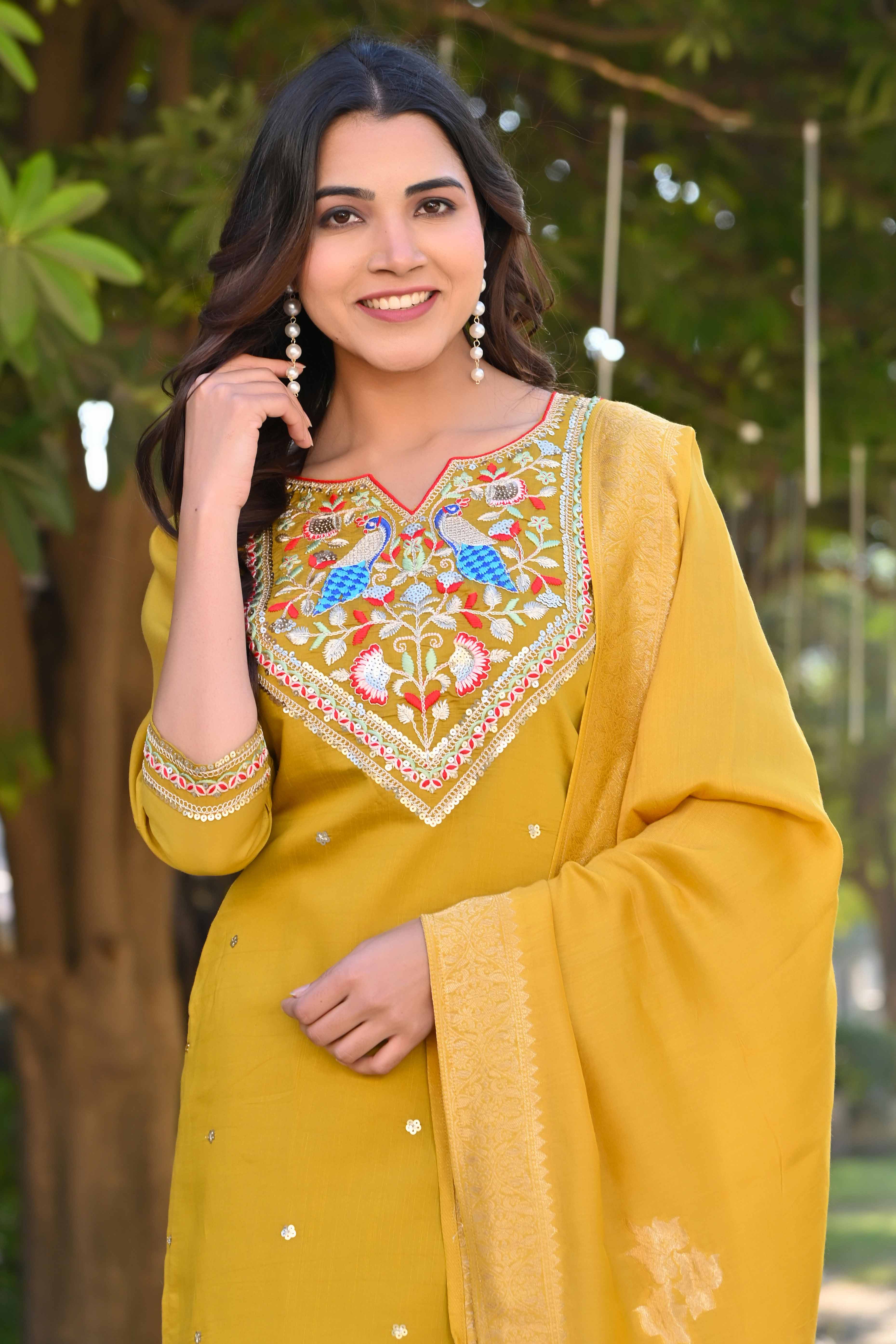 Mustard Sequins Embroidered Viscose Salwar Suit