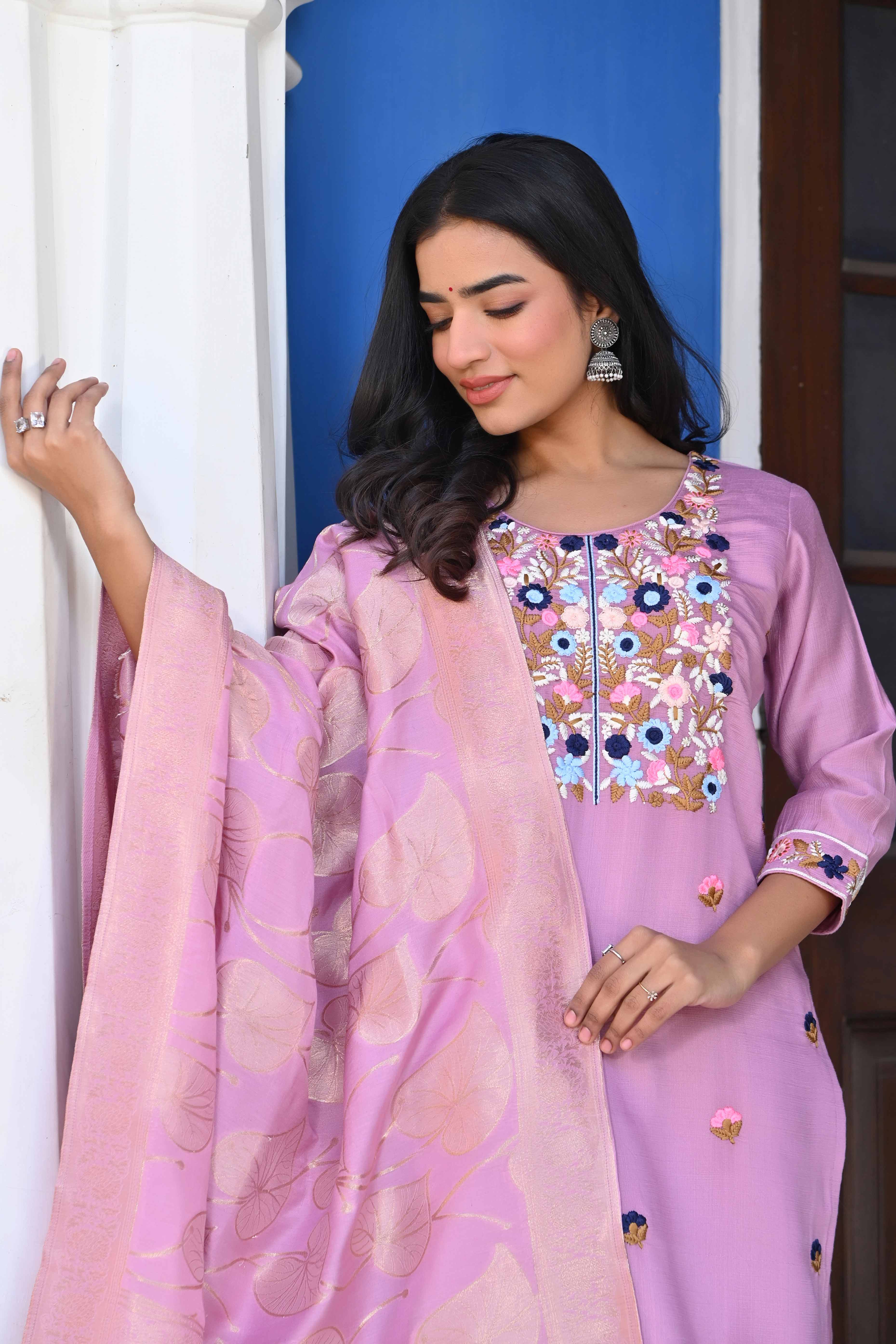 Lavender Sequins Embroidered Viscose Salwar Suit