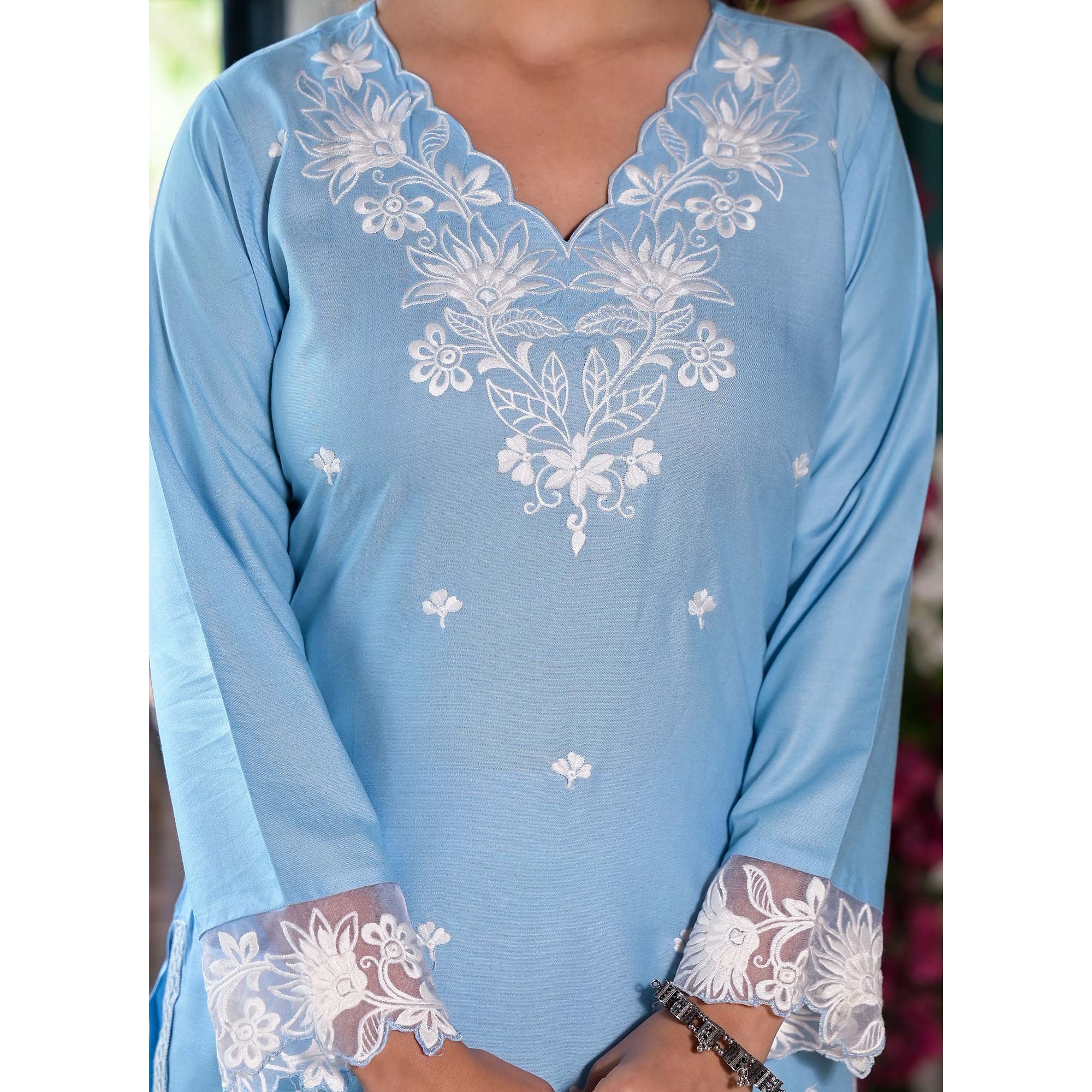 Blue Embroidered Rayon Straight Kurti Sets