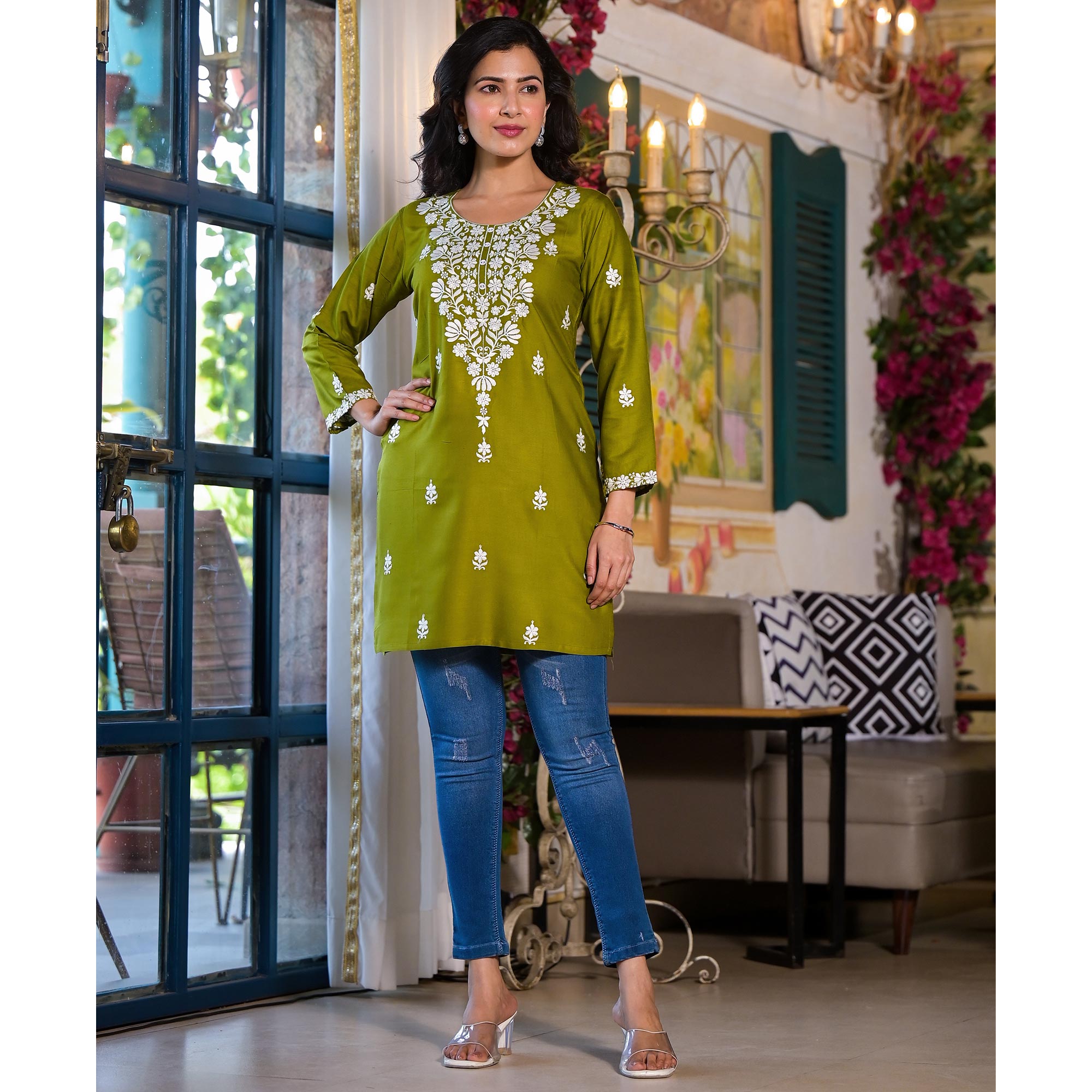 Green Embroidered Rayon Straight Top