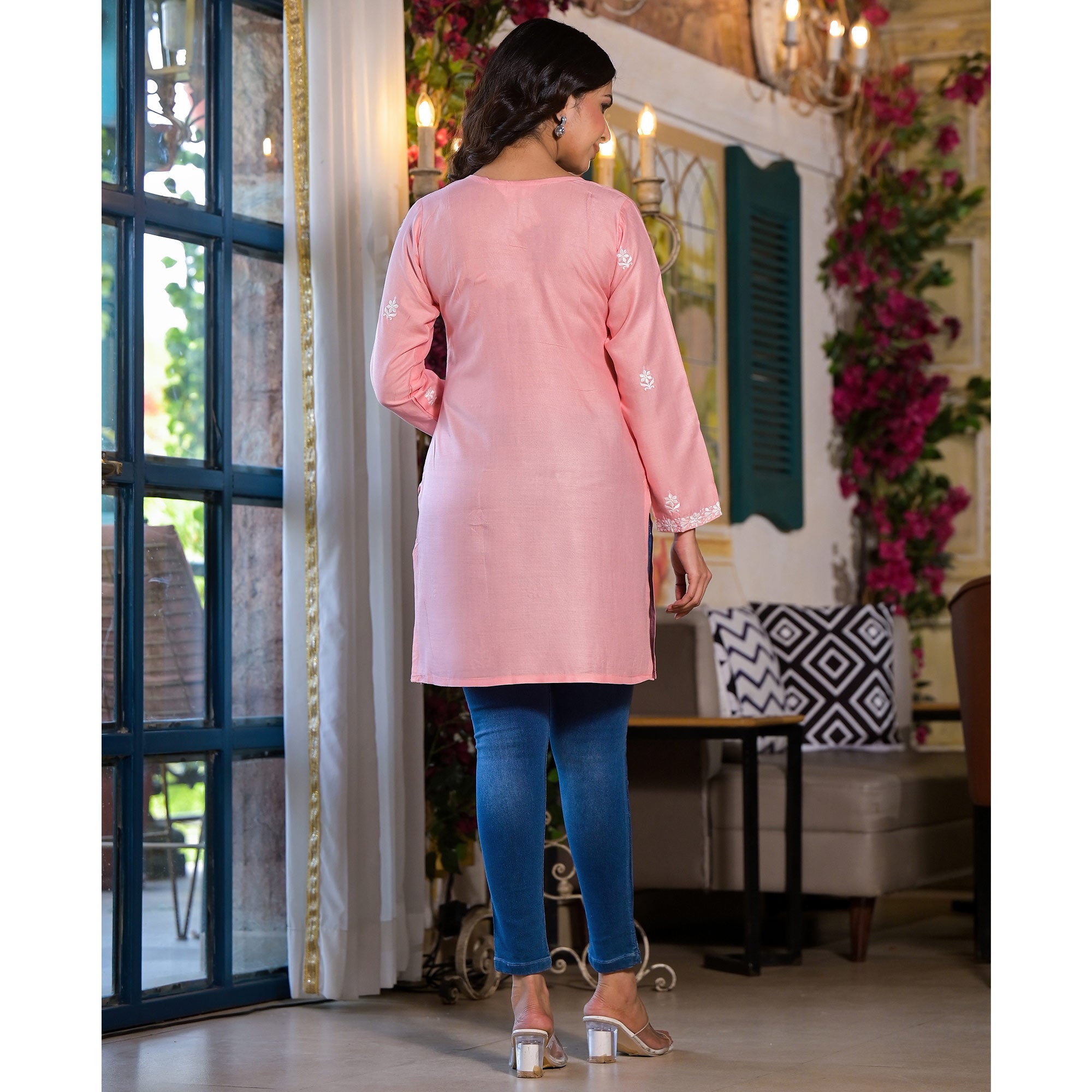 Peach Embroidered Rayon Straight Top