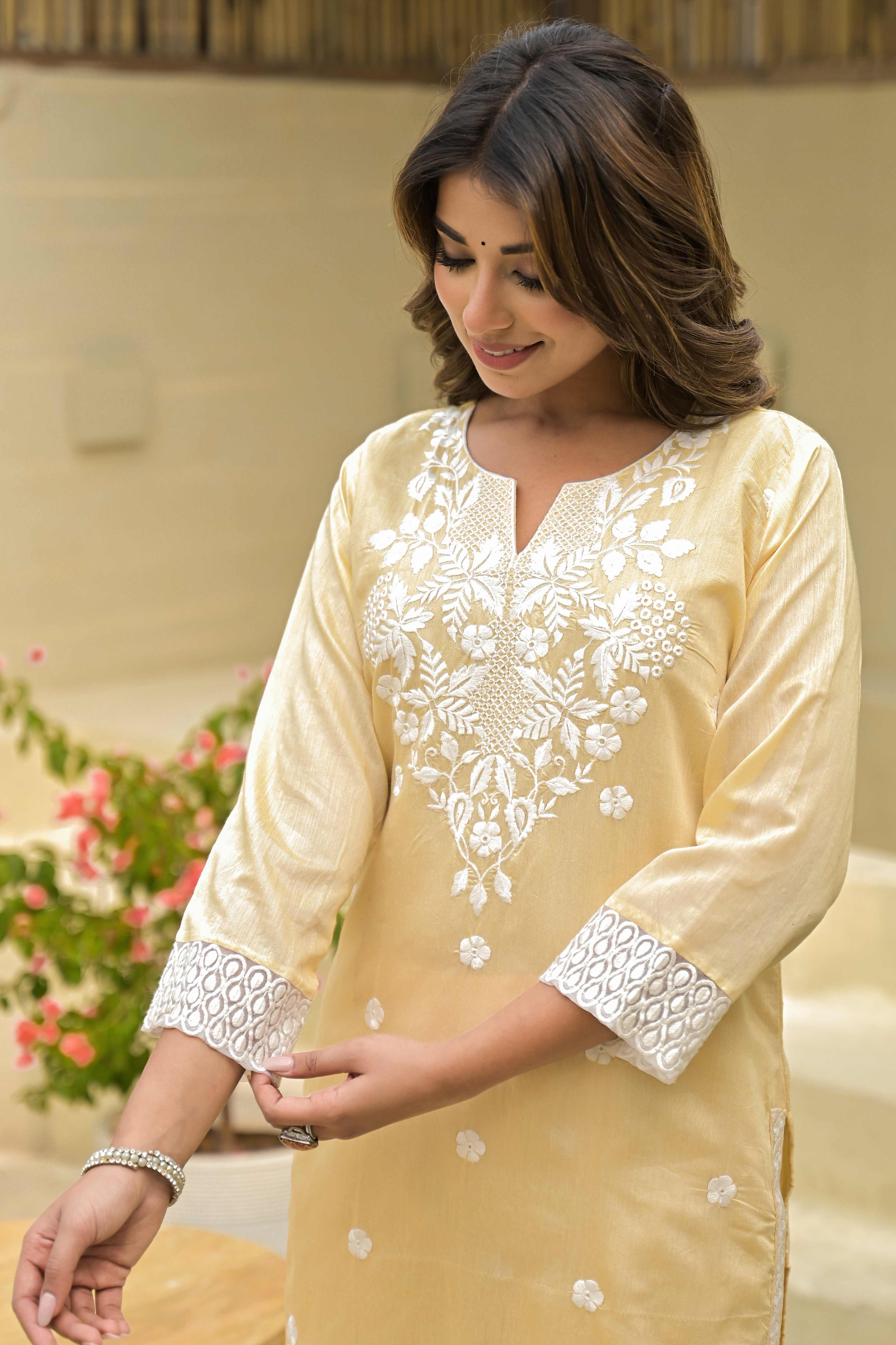 Chikoo Floral Embroidered Chanderi Kurti Pant Set