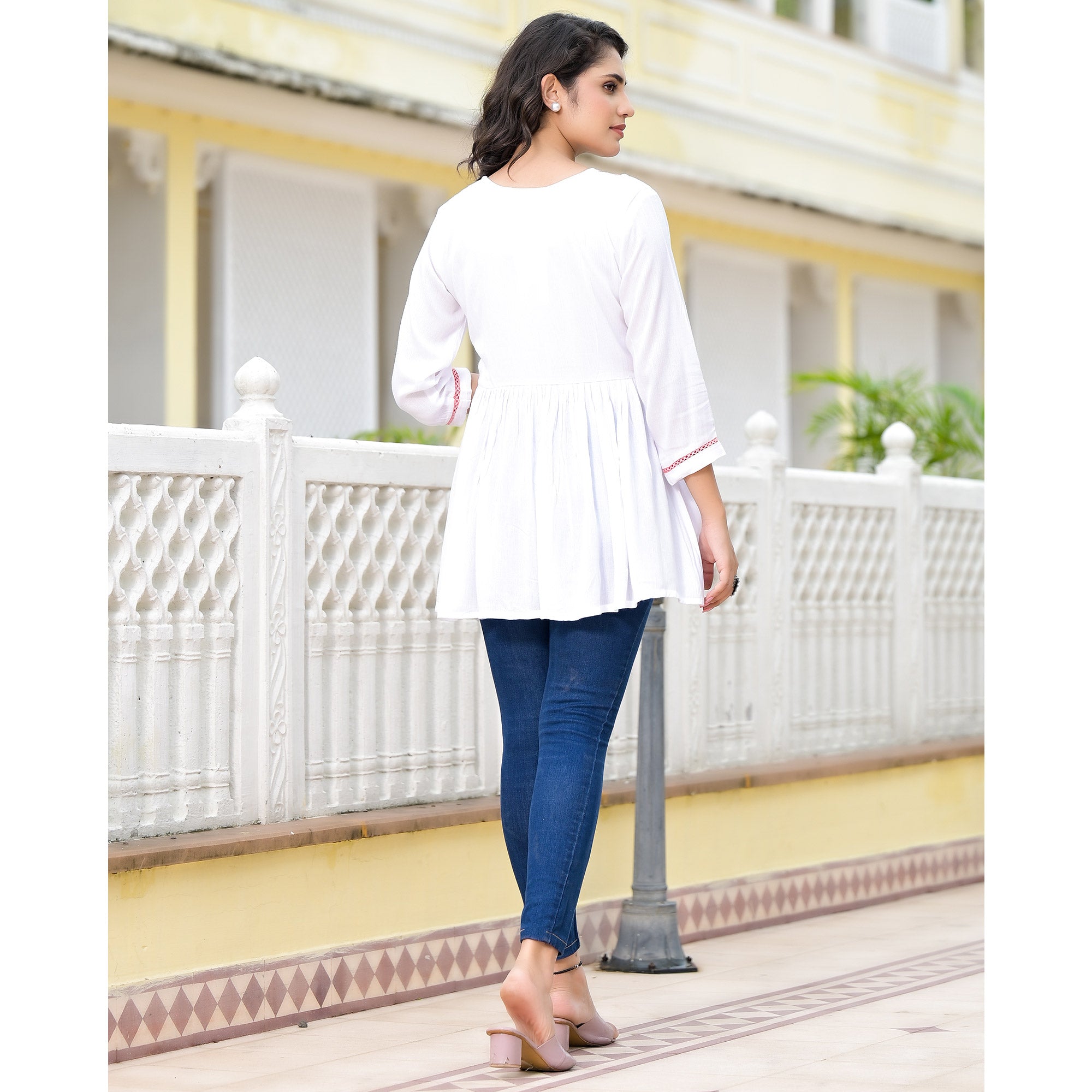 White Yoke Embroidered Rayon A-Line Top