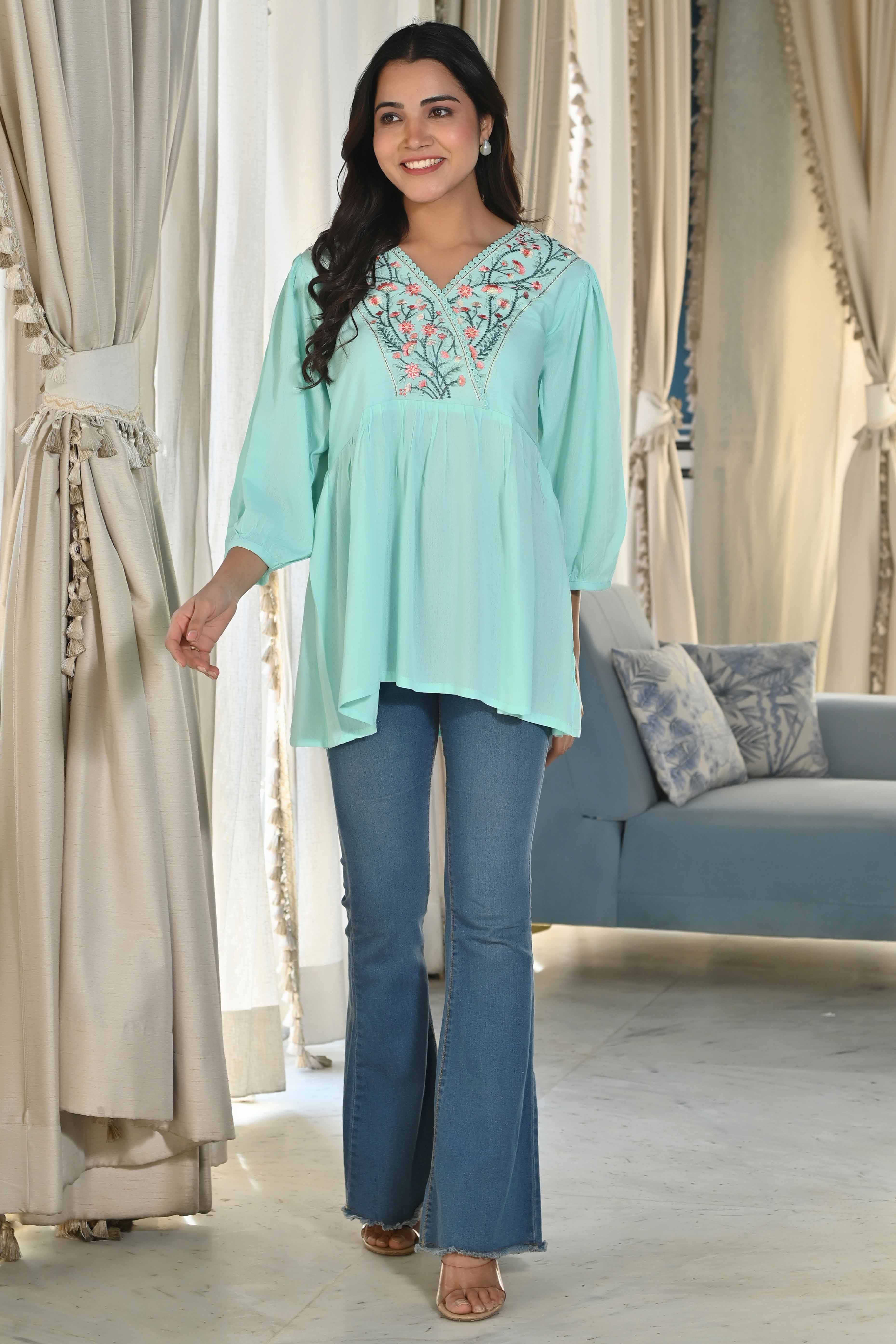 Sea Green Rayon Yoke Embroidered Rayon Rinkle Top