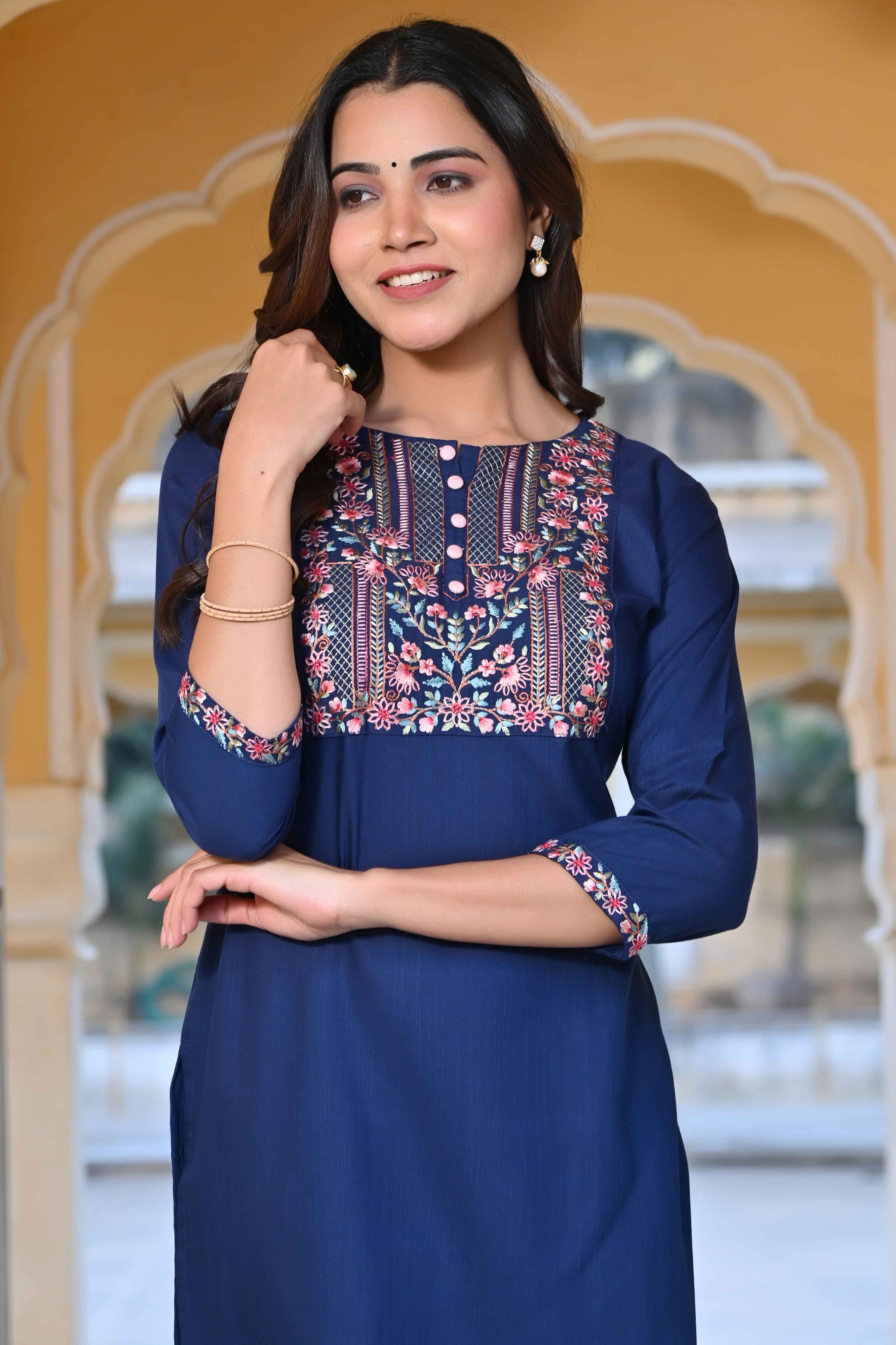 Blue Yoke Embroidered Rayon Slub Straight Kurti