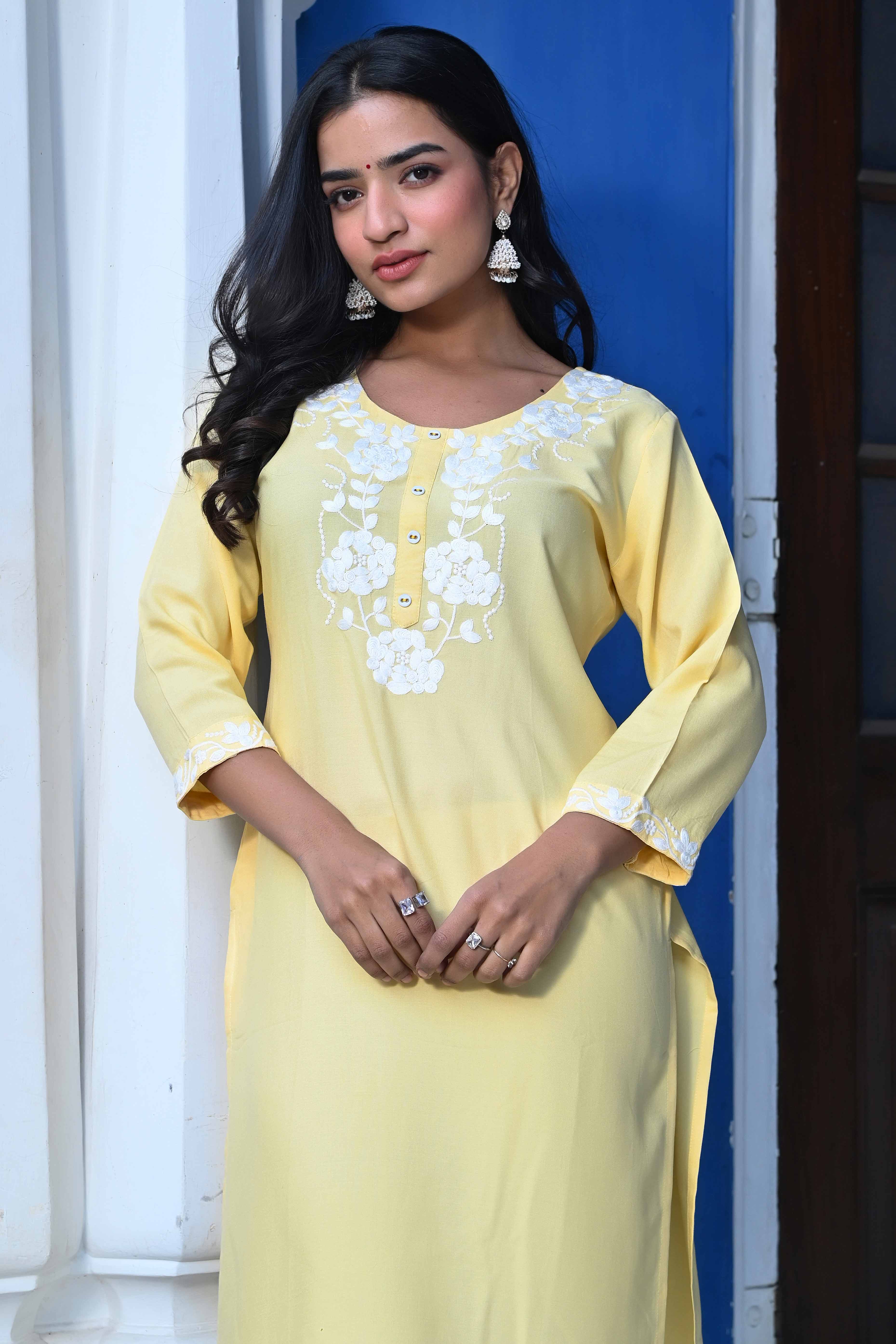 Yellow Embroidered Rayon Straight Kurti