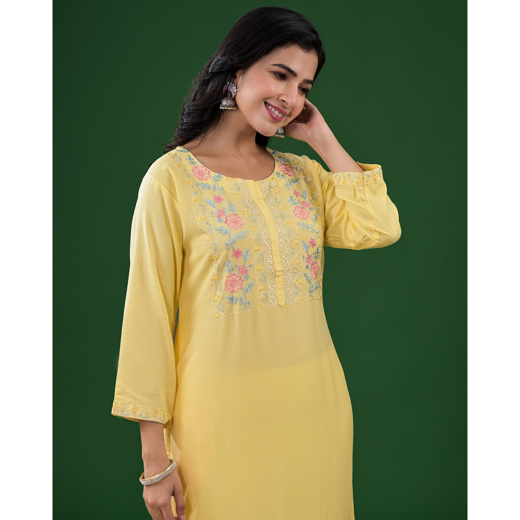 Yellow Embroidered Rayon Straight Kurti