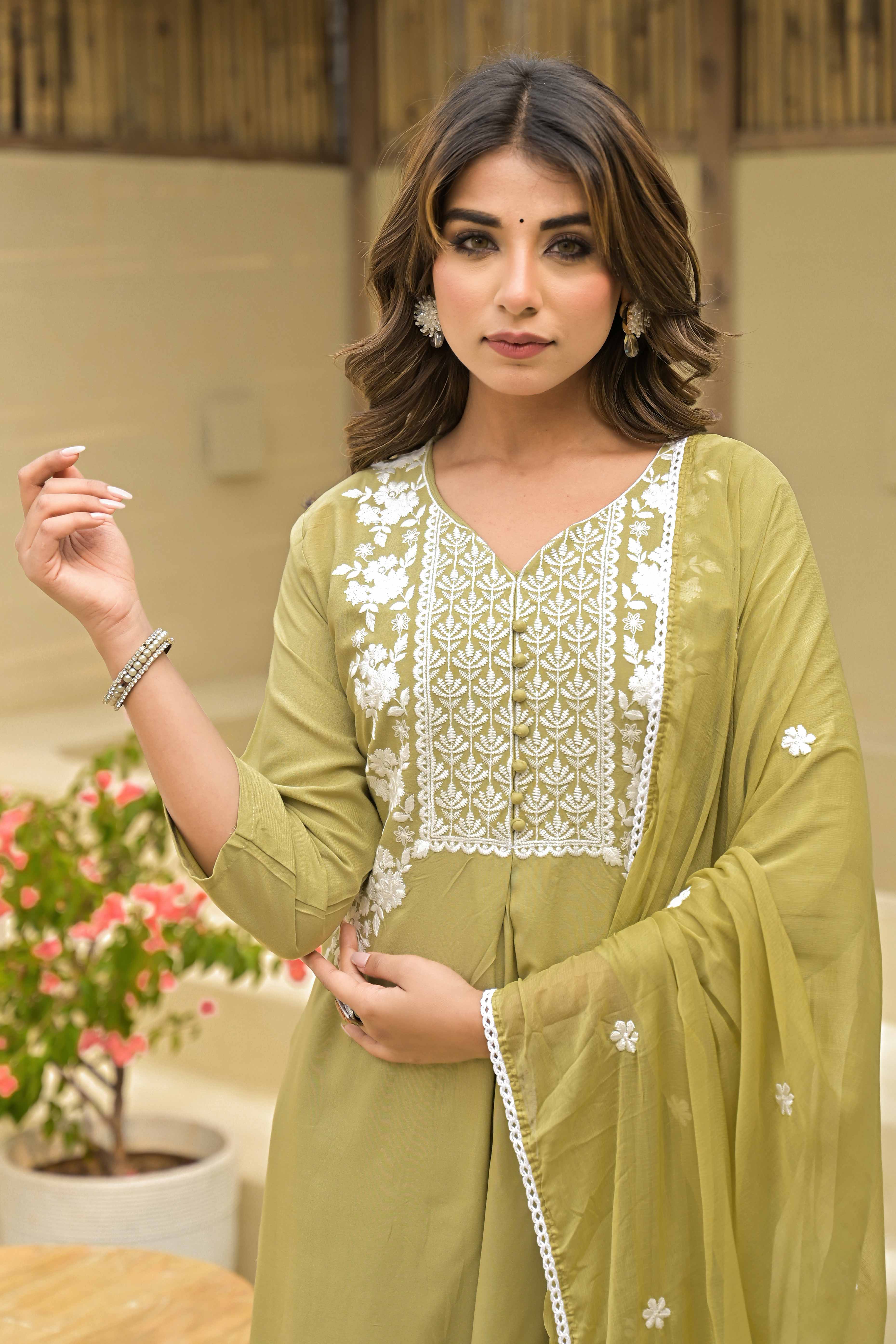 Light Chikoo Floral Embroidered Rayon Salwar Suit