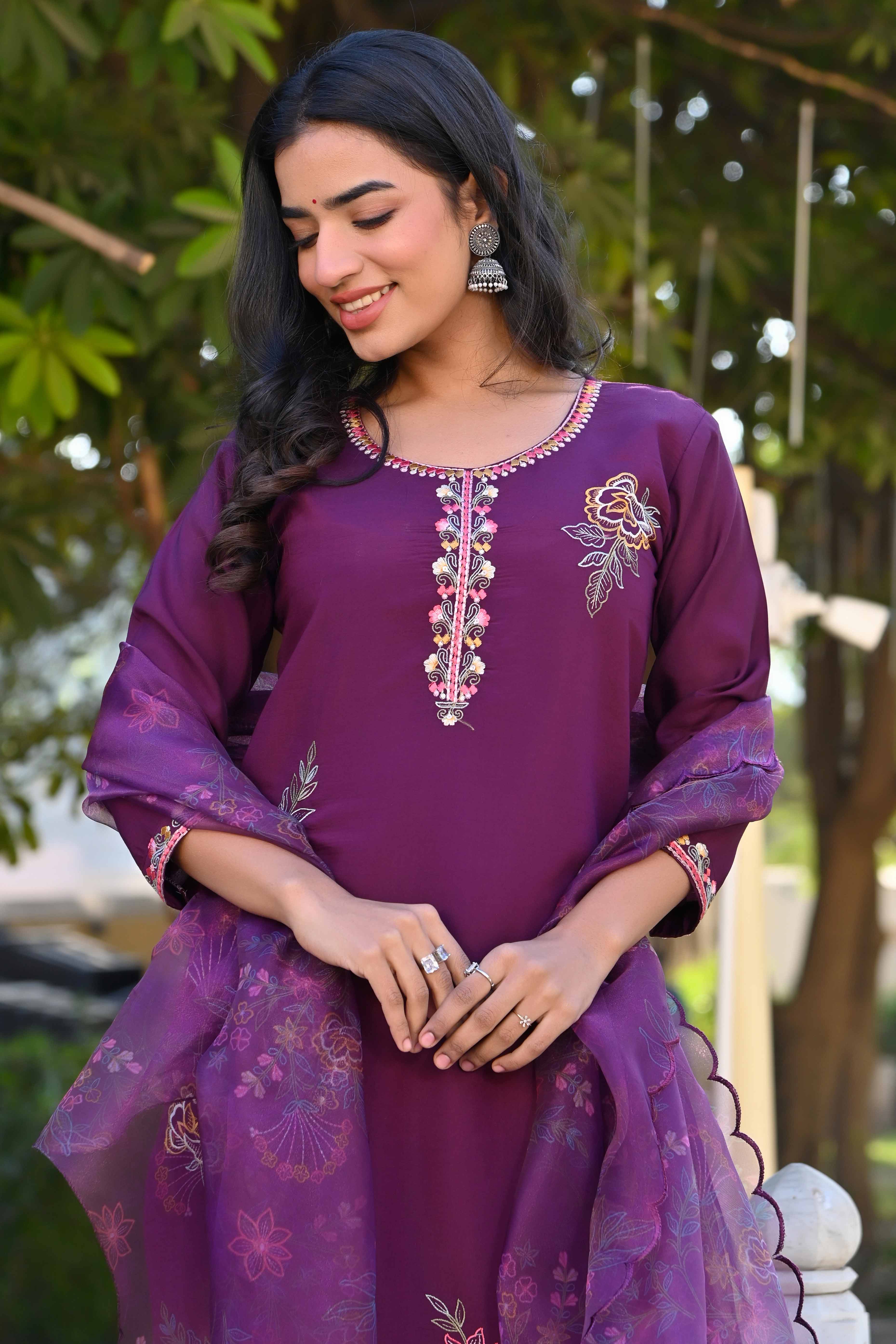 Dark Purple Floral Hand Work Viscose Straight Salwar Suit